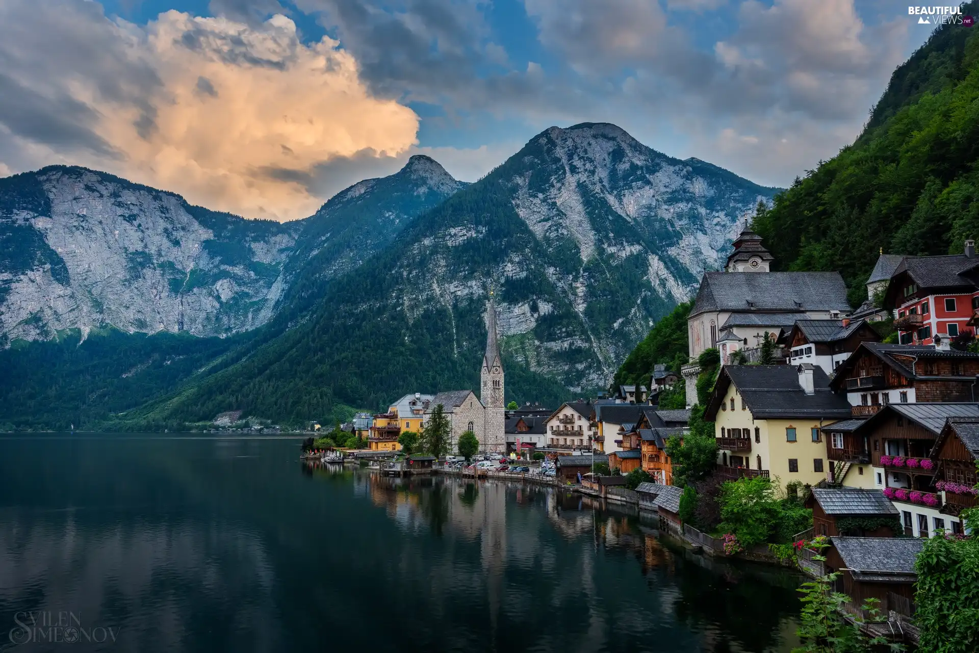 Hallstattersee Lake, Austria, Church, Houses, forest, clouds, viewes, Town, Hallstatt, trees, Mountains