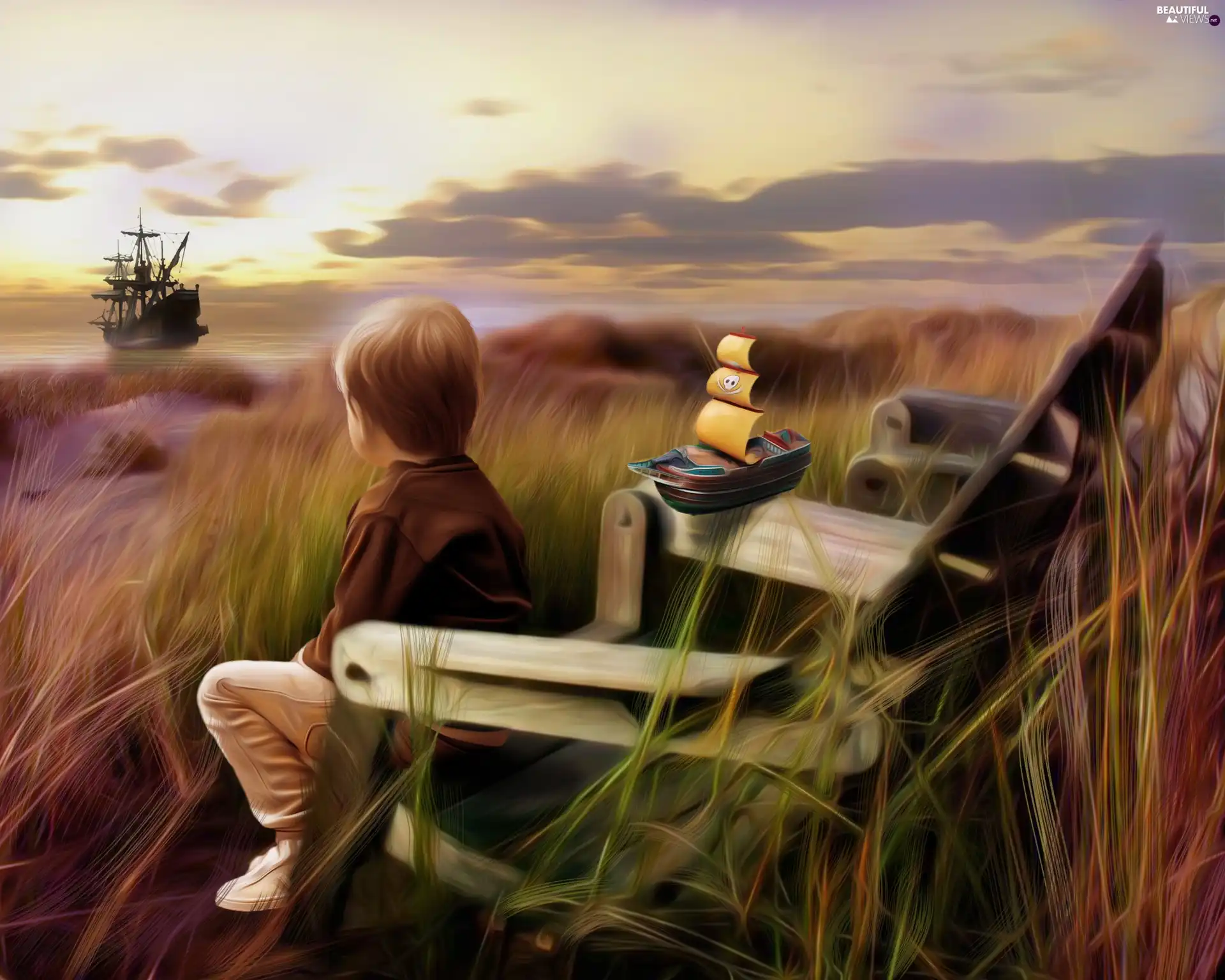 sea, sailing vessel, boy, hammock chair, small