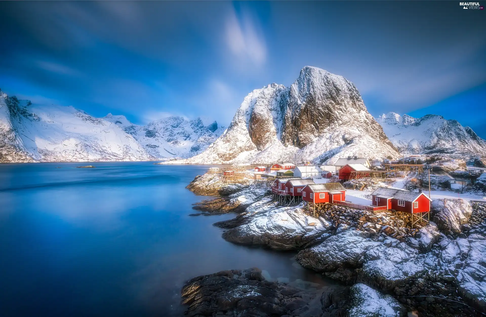 Hamnøy Village, Lofoten, Mountains, Moskenesoya Island, Norway, Houses, sea