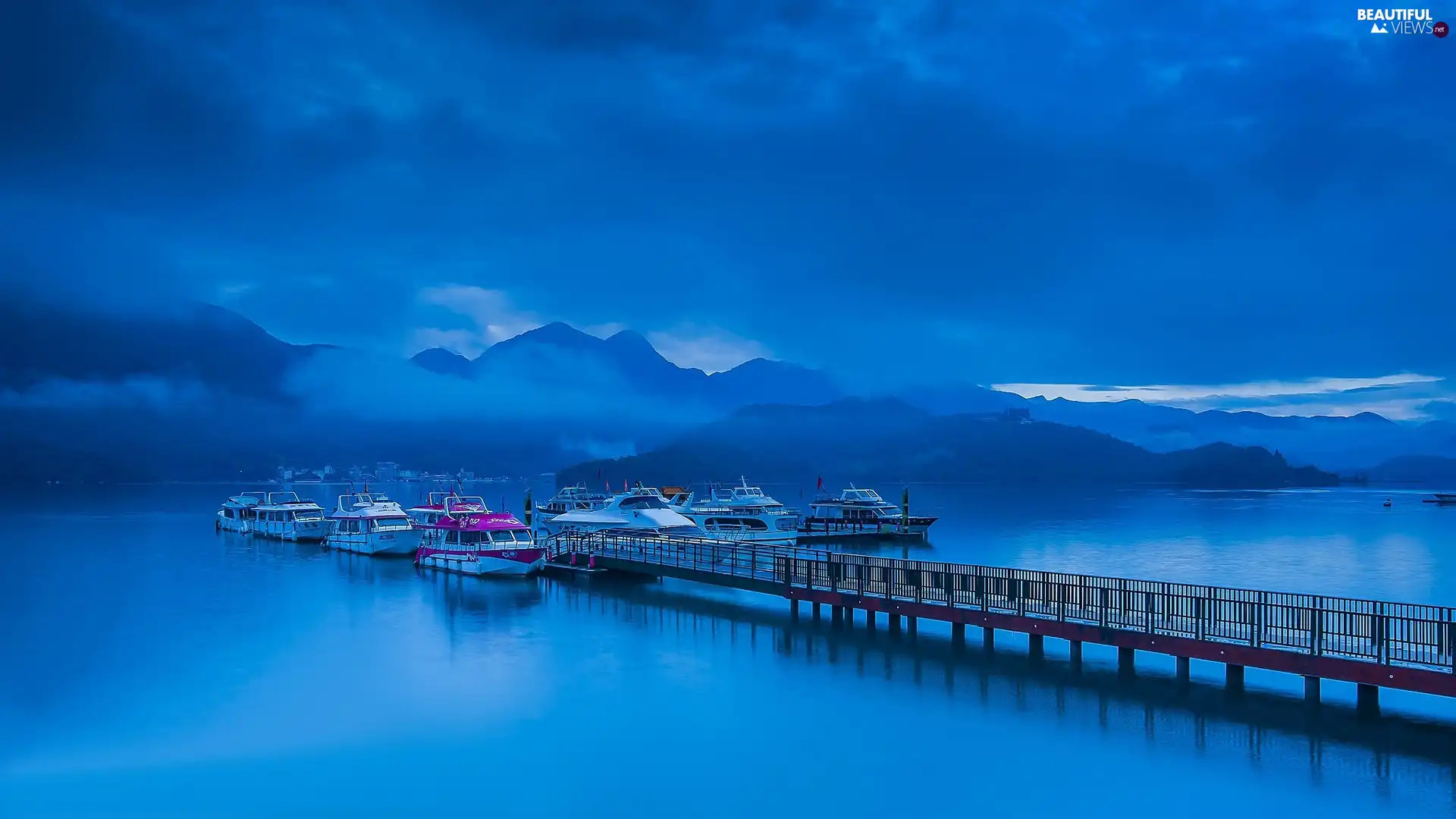 Harbour, Boats, Fog, Platform, Mountains