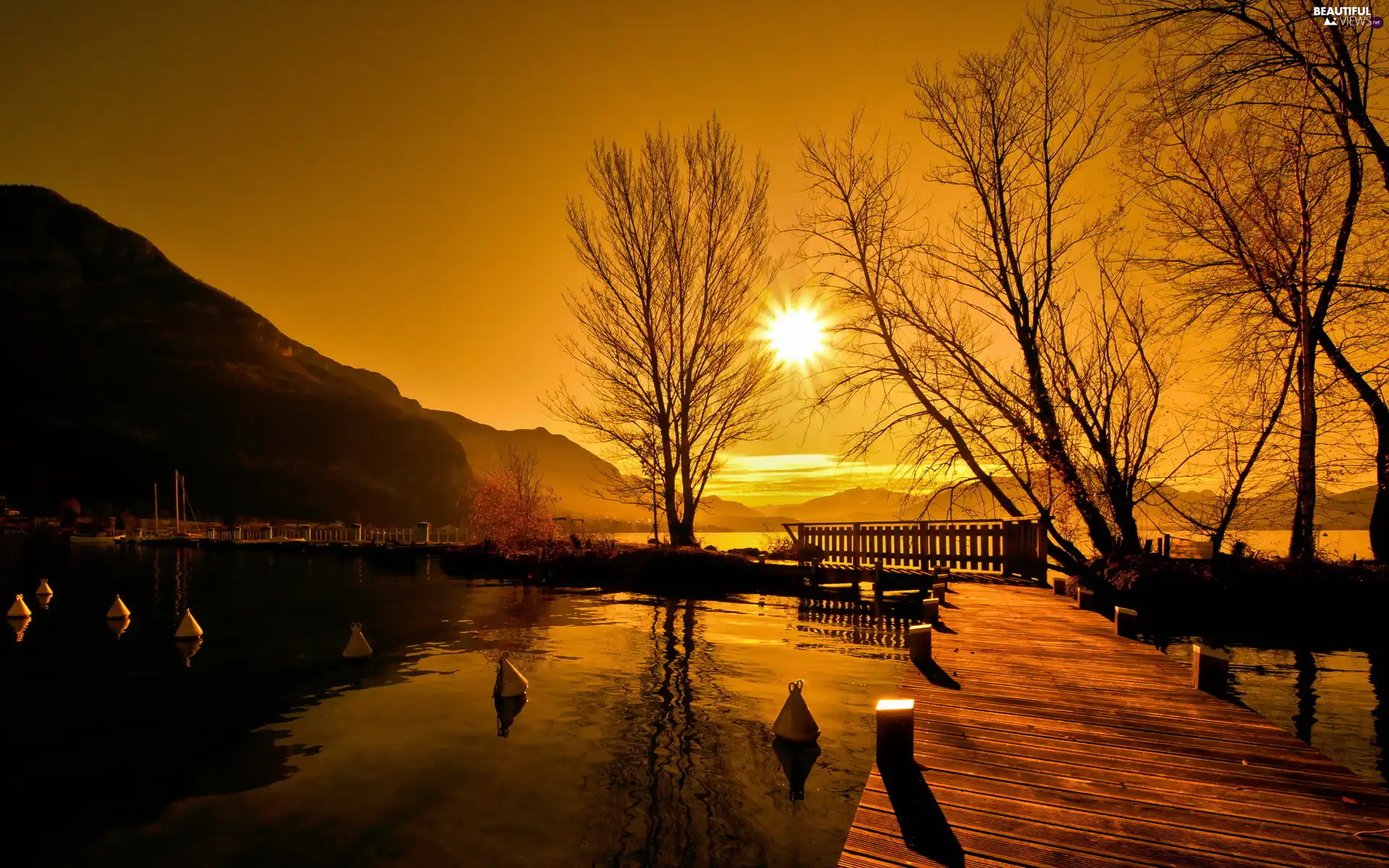 lake, sun, trees, pier, west, Harbour, viewes