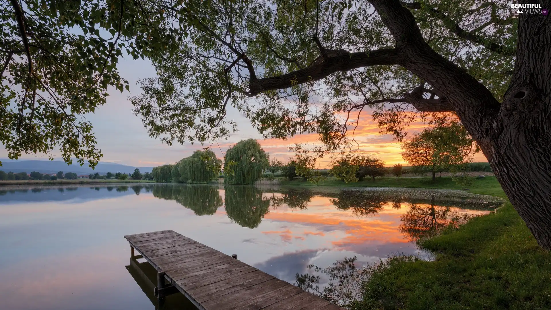 Platform, Saxony-Anhalt, Wernigerode, viewes, Reddeberteich Lake, Germany, Harz District, reflection, trees, Great Sunsets