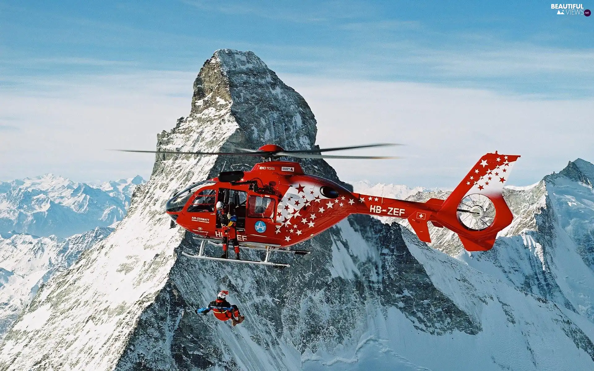 Helicopter, winter, Snowy, peaks, Mountains