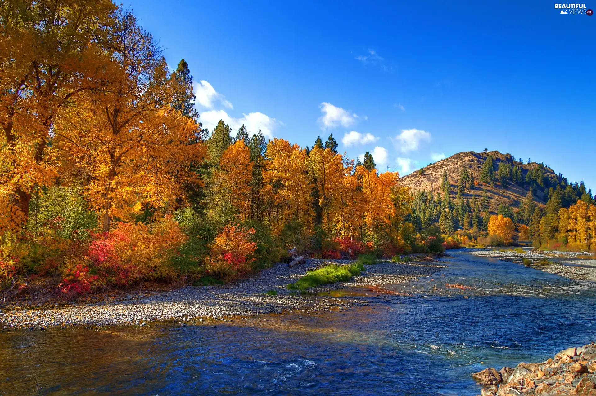 Hill, autumn, River