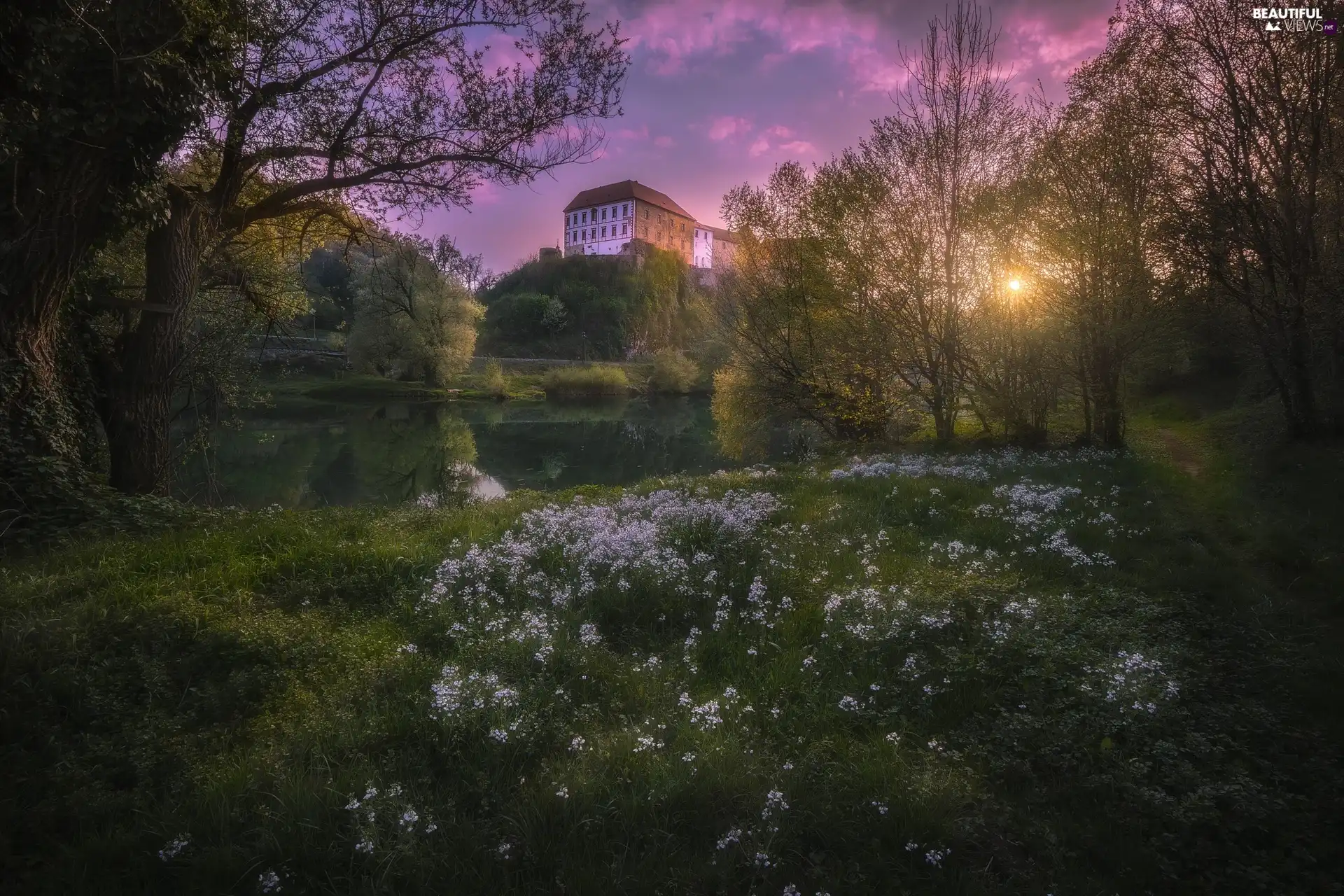 Coartia, Castle in Ozalj, Kupa River, Hill, viewes, Sunrise, Spring, Karlovac County, Ozajl City, Flowers, trees