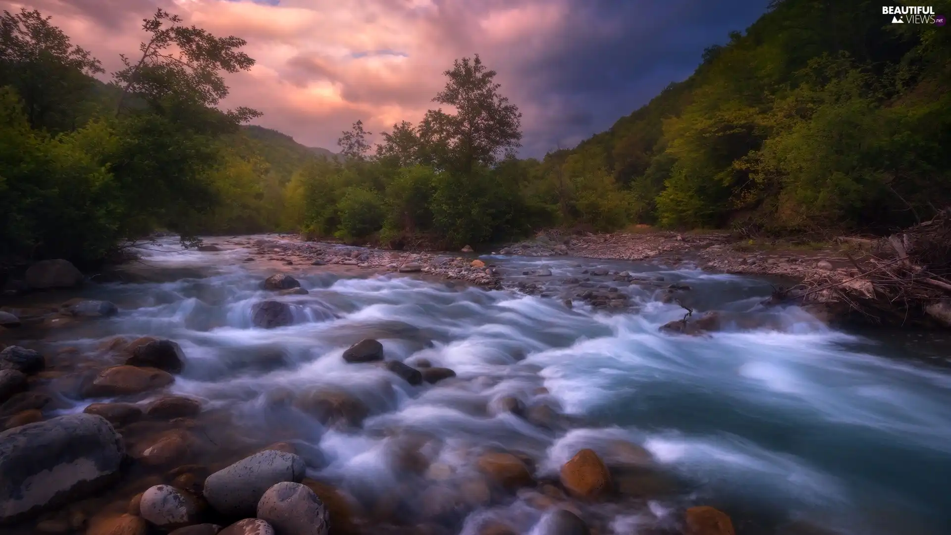 viewes, Hill, Stones, trees, River