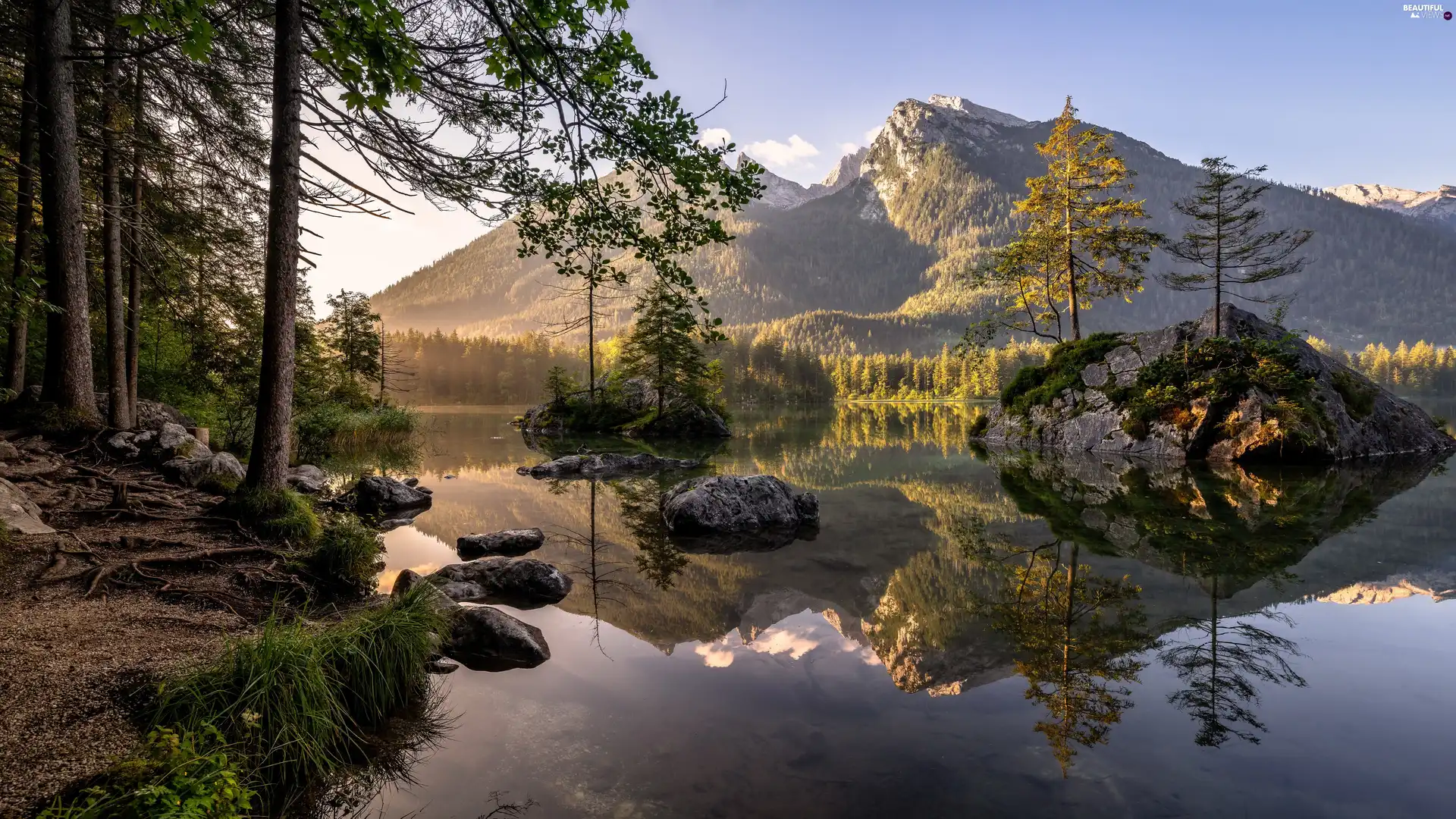 Stones, Mountains, trees, Bavaria, viewes, Lake Hintersee, Alps, Germany, Berchtesgadener, rocks