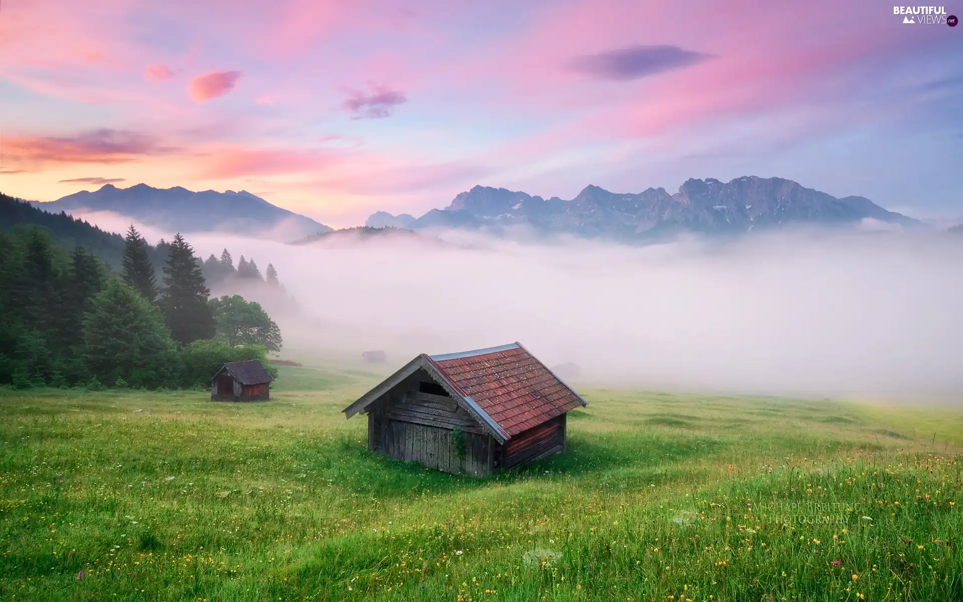 Mountains, Fog, Home, woods