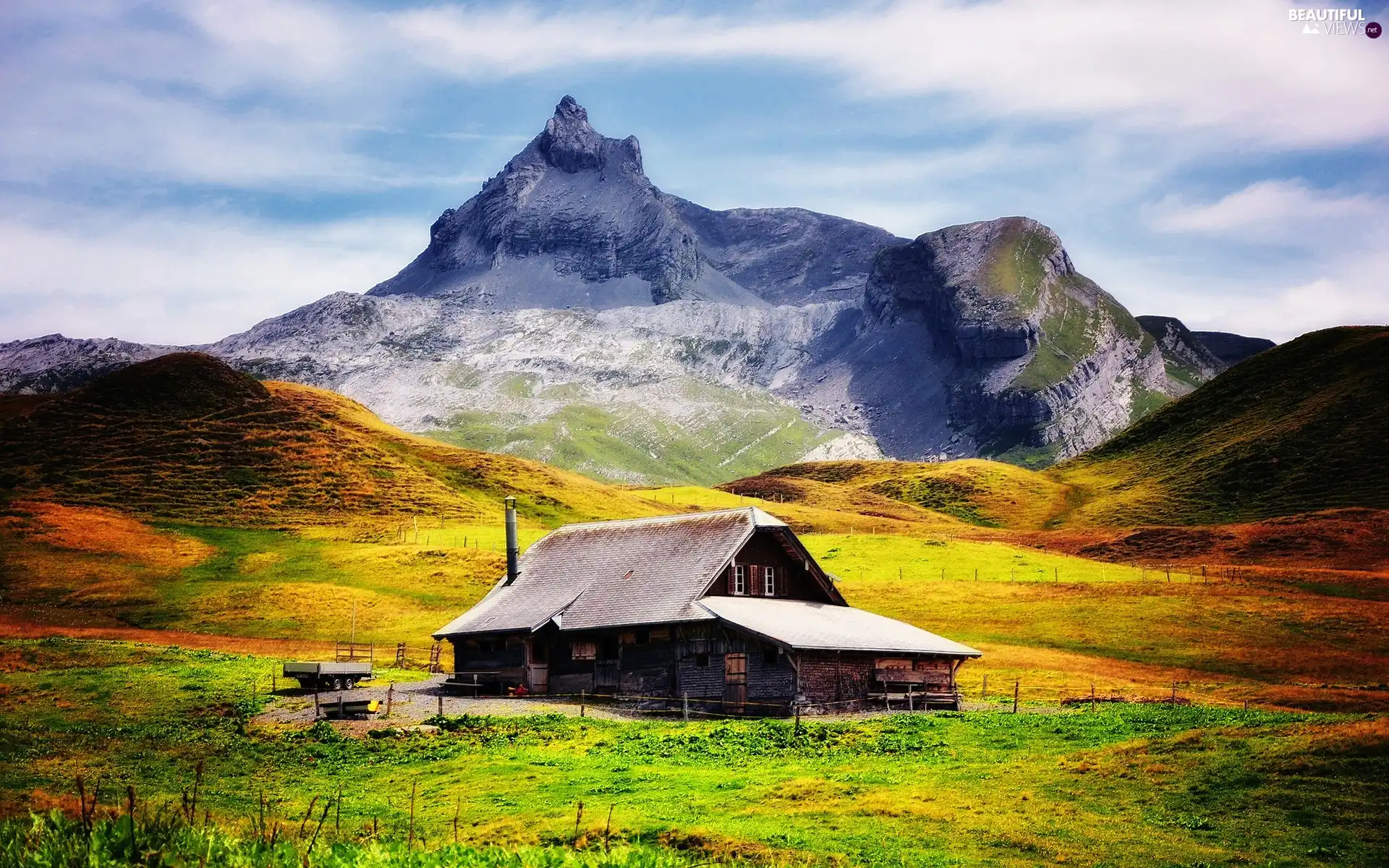 Mountains, Meadow, Home, clouds