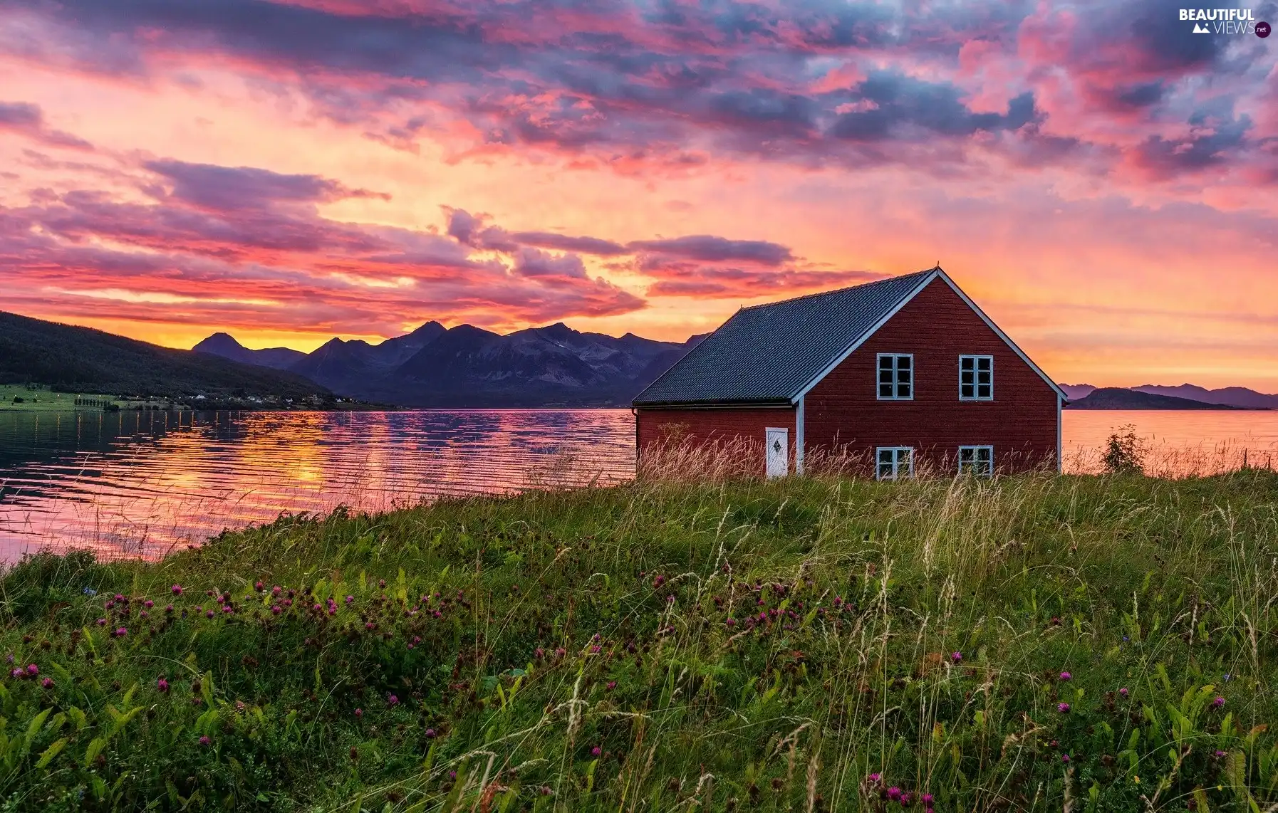 Home, Mountains, sun, lake, west