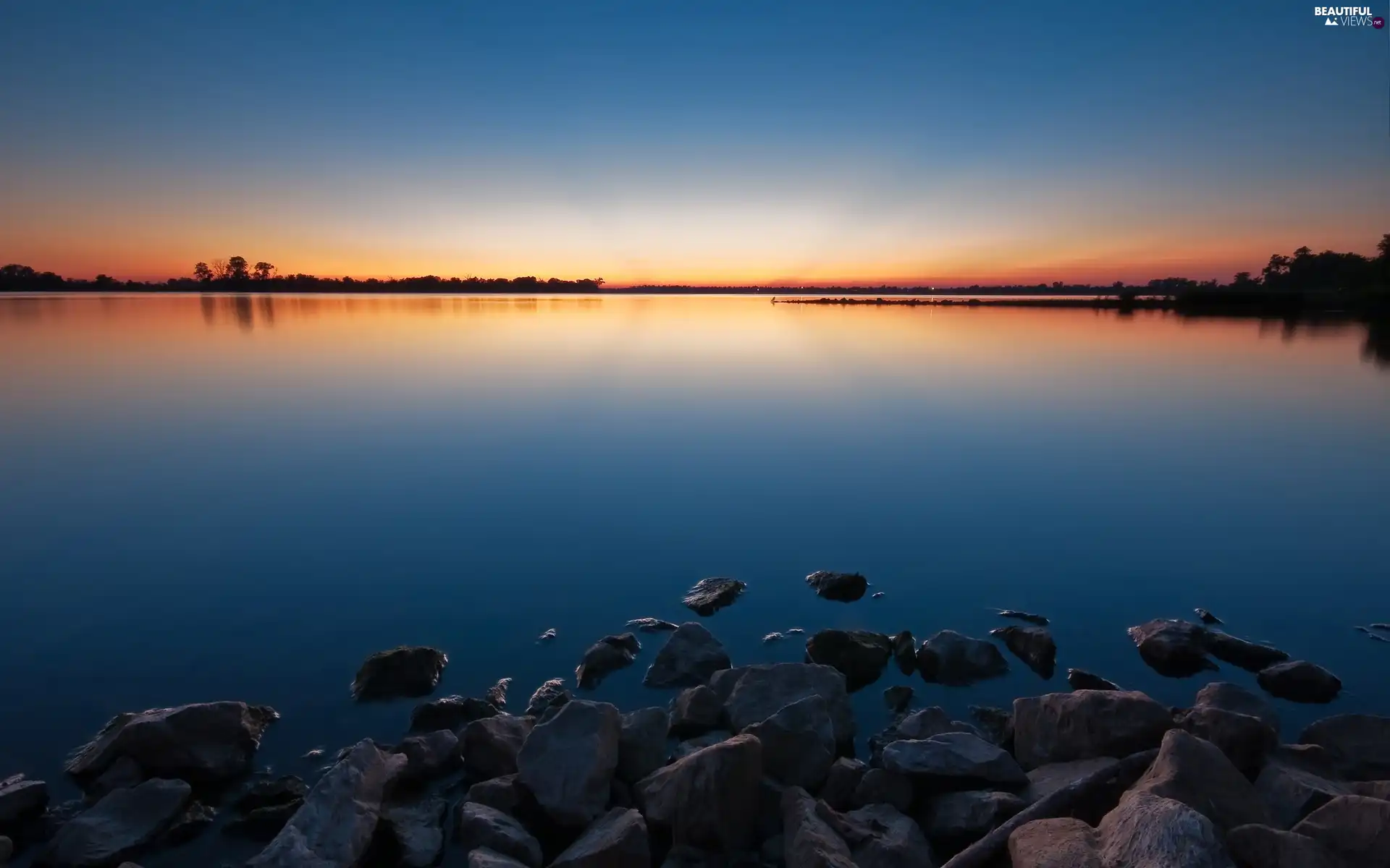 west, lake, horizon, sun