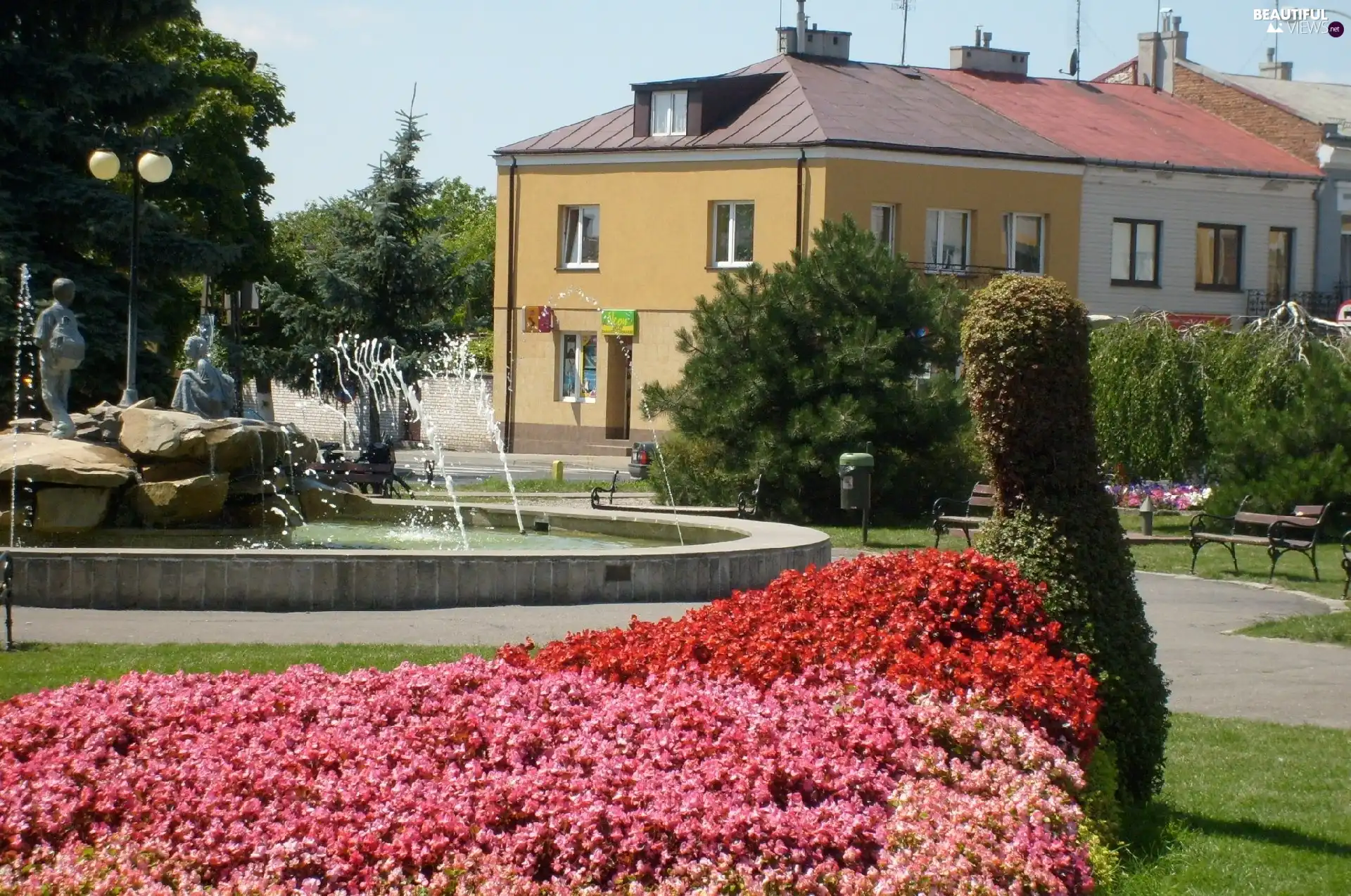 Bird, fountain, house, Flowers