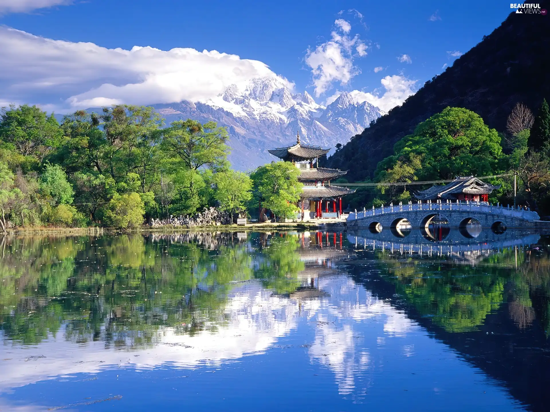 house, China, lake, bridges, Mountains