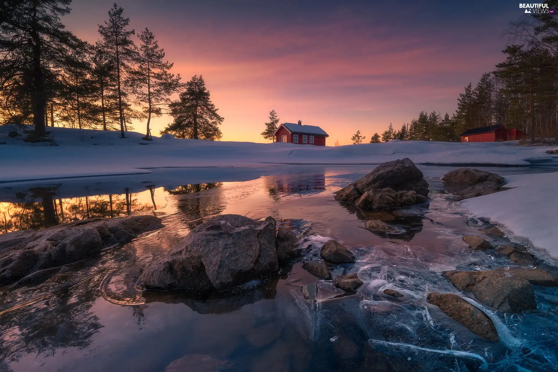 Ringerike, Norway, winter, Vaeleren Lake, viewes, house, Great Sunsets, trees, Stones