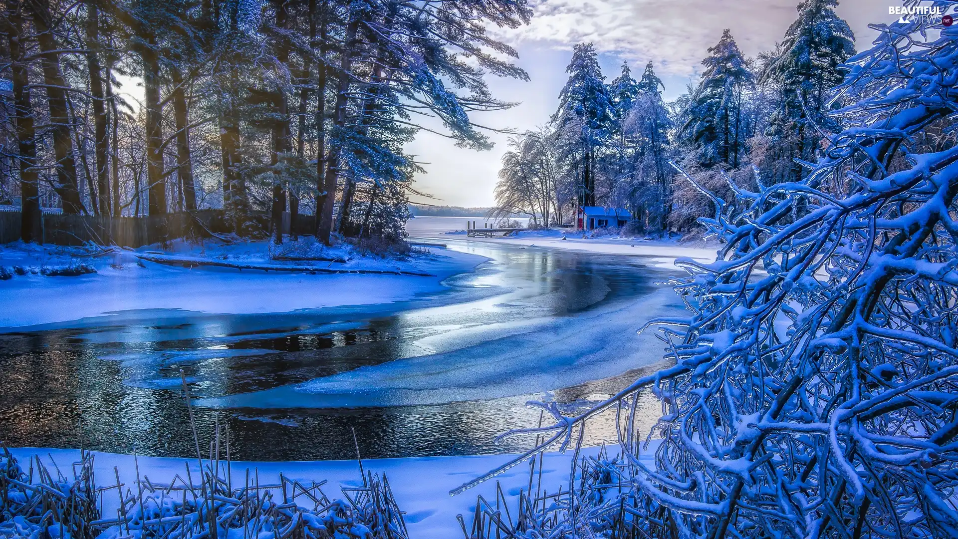 Icecream, winter, viewes, house, trees, River