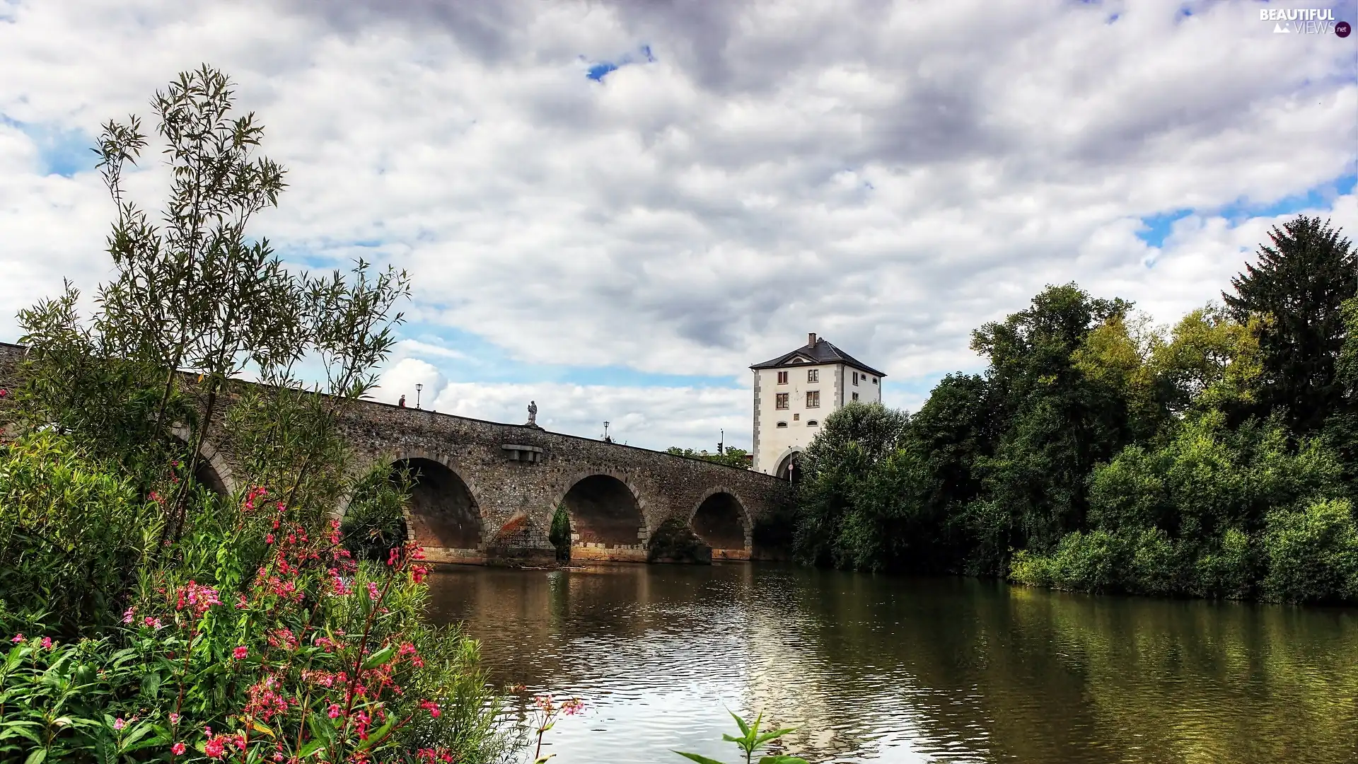 stone, Limburg, House, VEGETATION, bridge, River