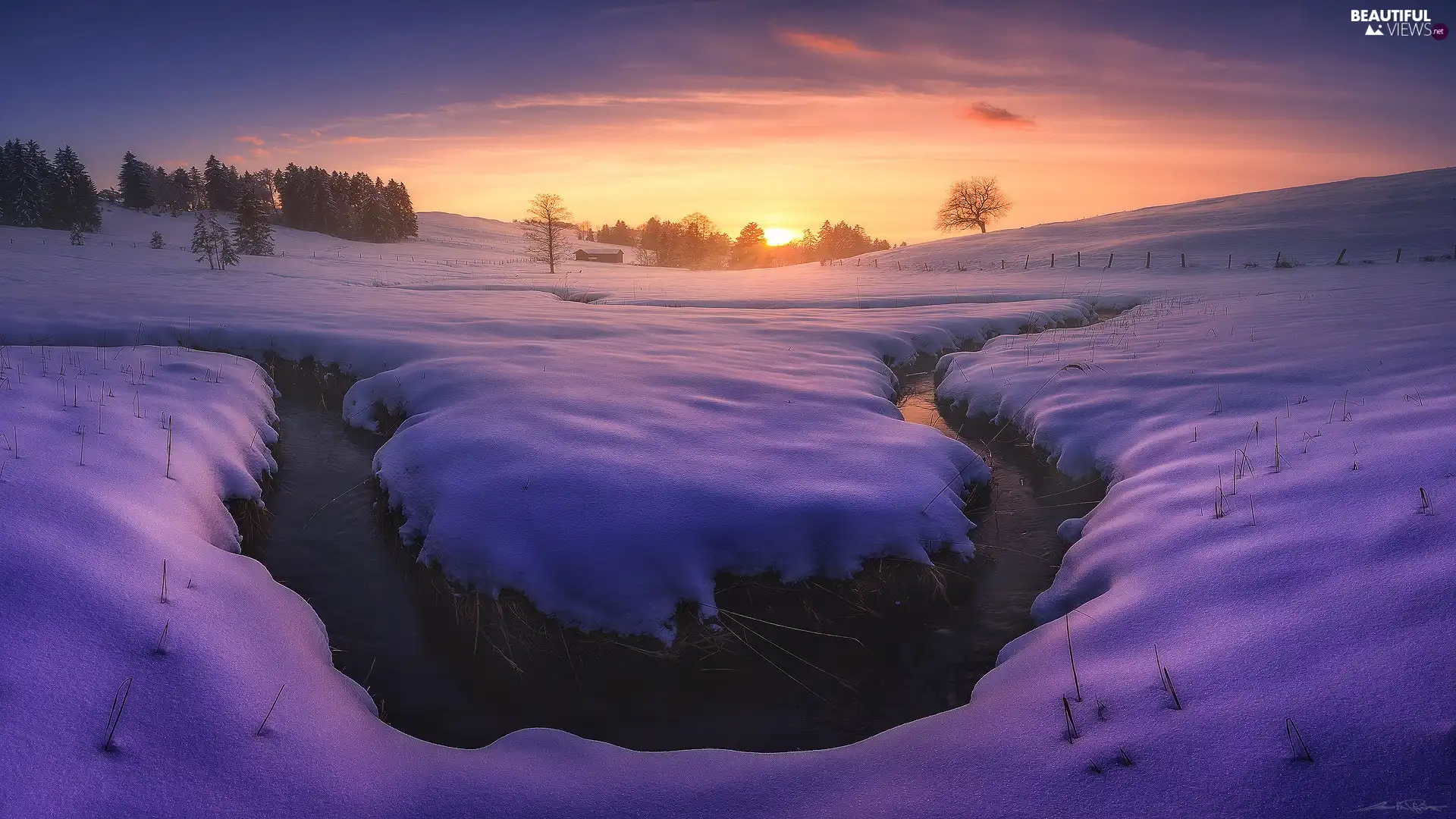 curve, Bavaria, winter, viewes, Great Sunsets, Germany, Allgau Region, house, trees, flux