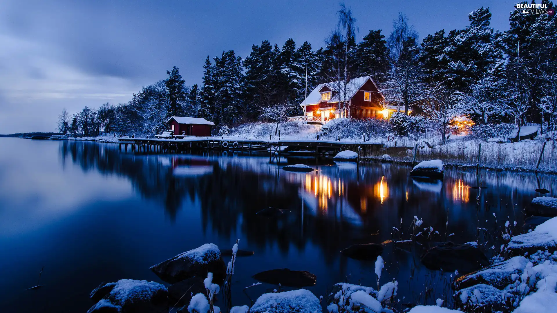 winter, Floodlit, house, lake
