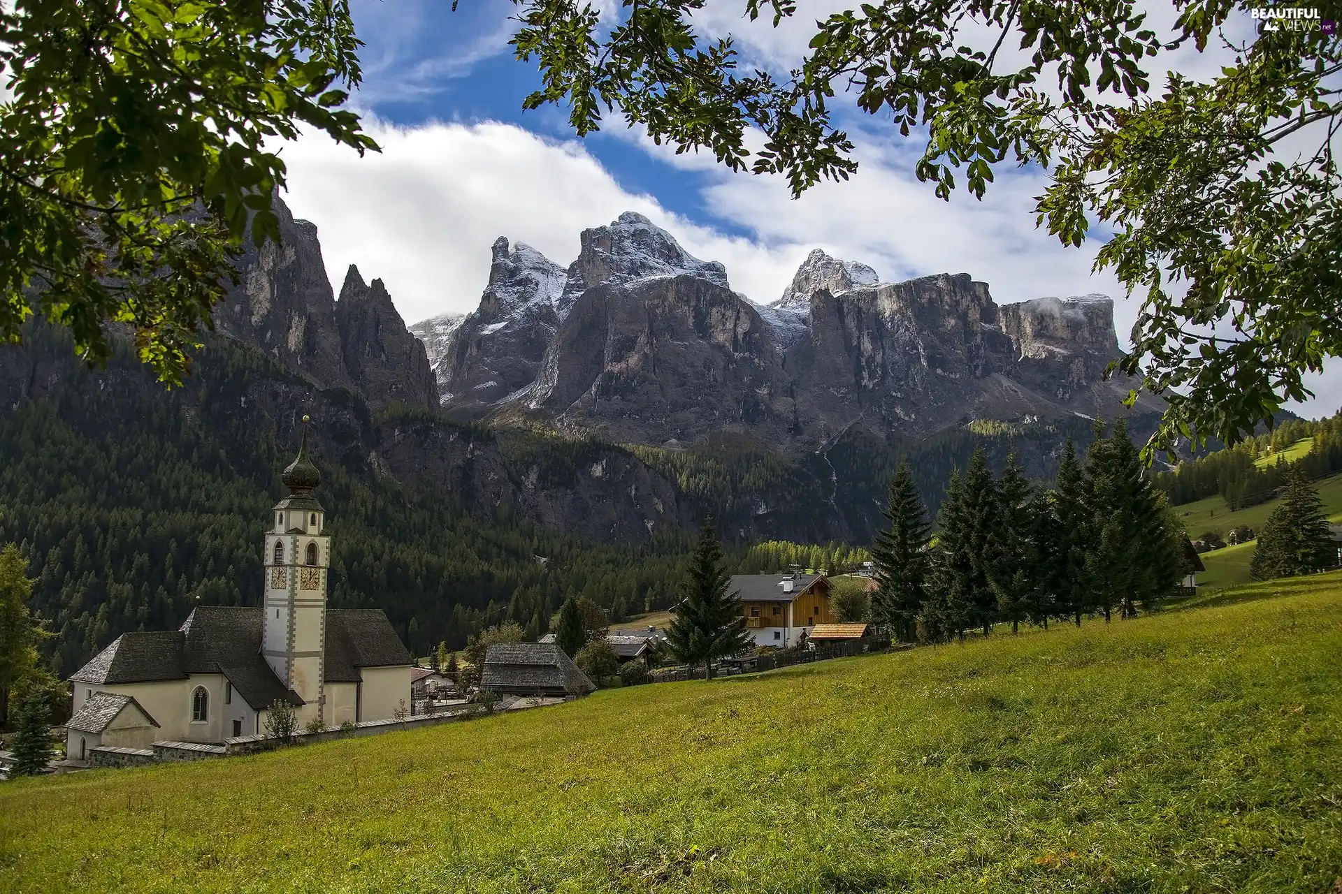 Province of Bolzano, Italy, Alta Badia, Dolomites Mountains, Houses, clouds, viewes, Colfosco Church, trees