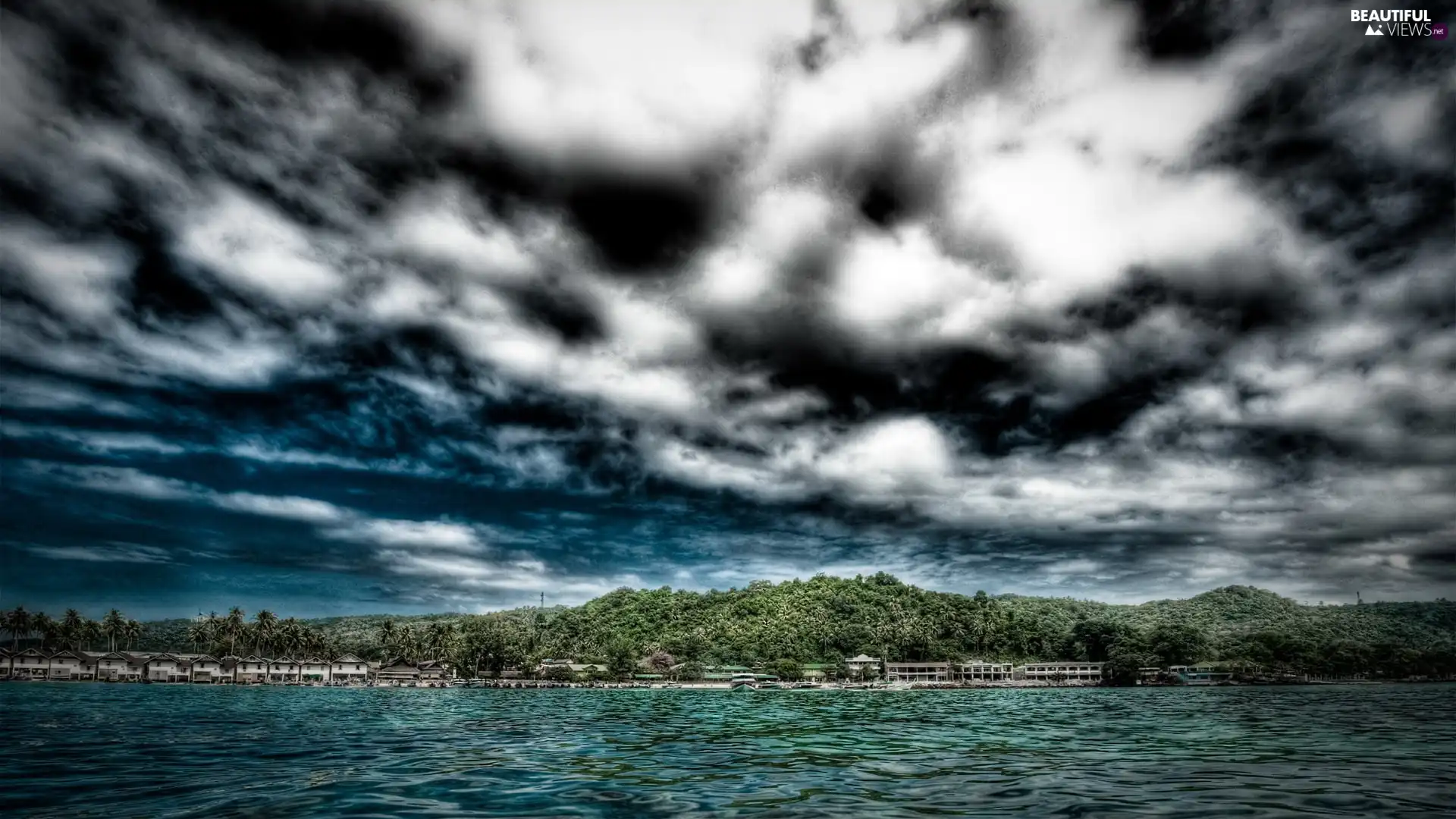 Houses, beach, sea, Coast, clouds