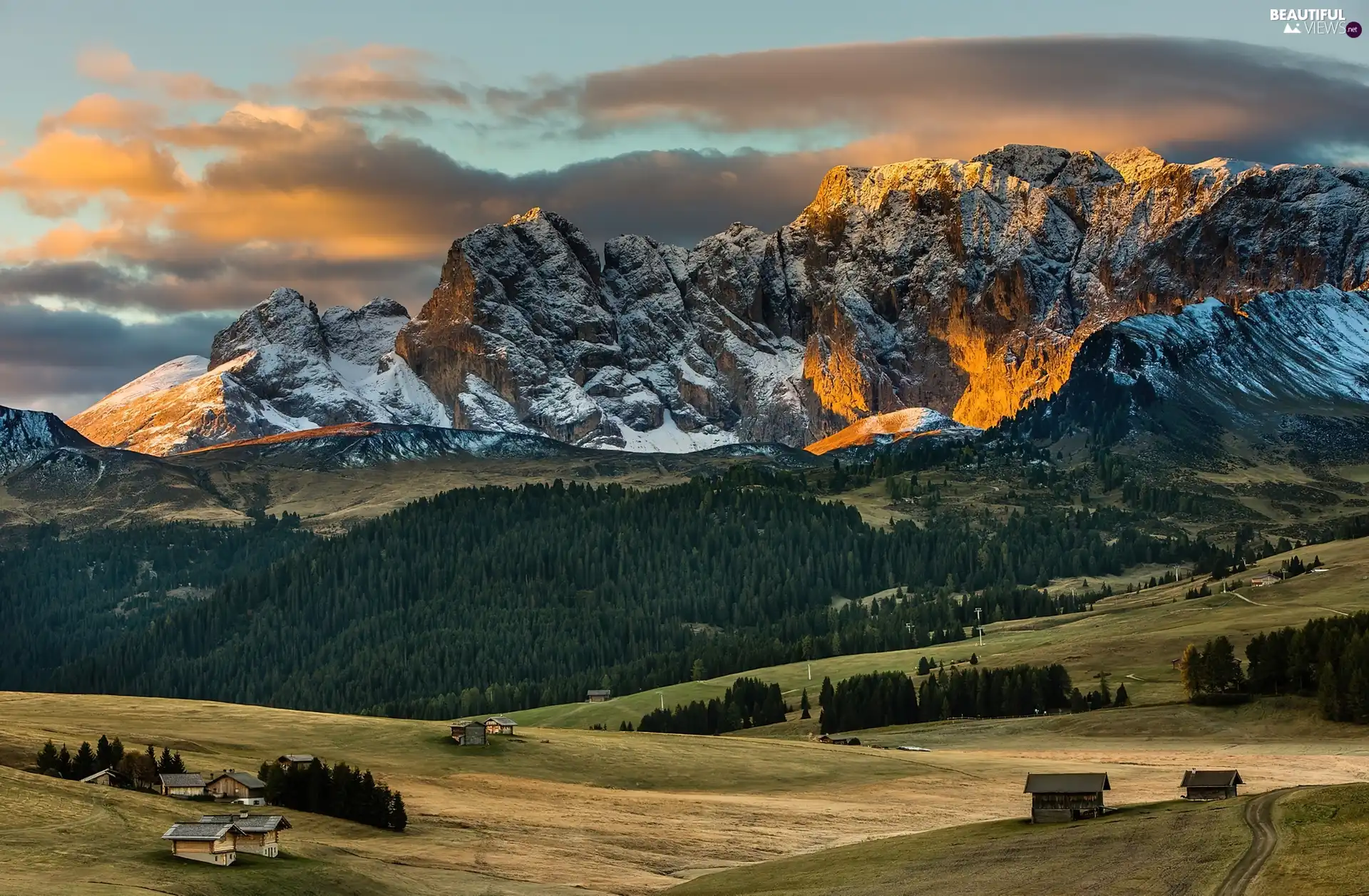 Houses, clouds, Alps, woods, Mountains