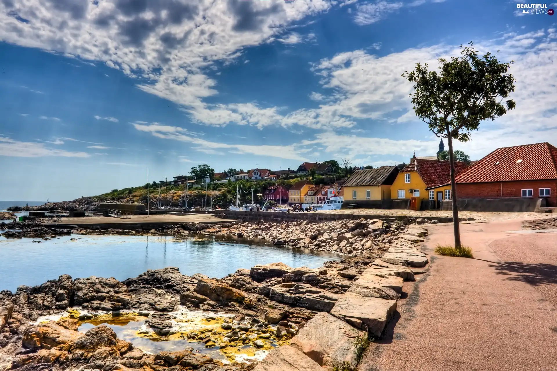 Houses, clouds, stony, Coast, sea