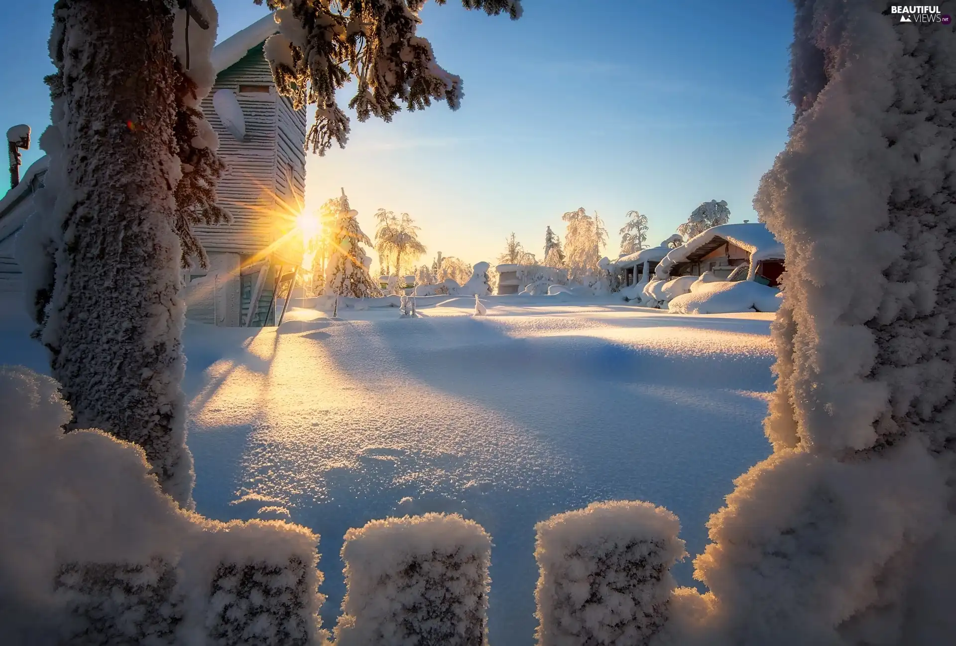 Kola Peninsula, Russia, Great Sunsets, winter, Houses, country, trees, viewes, Fance