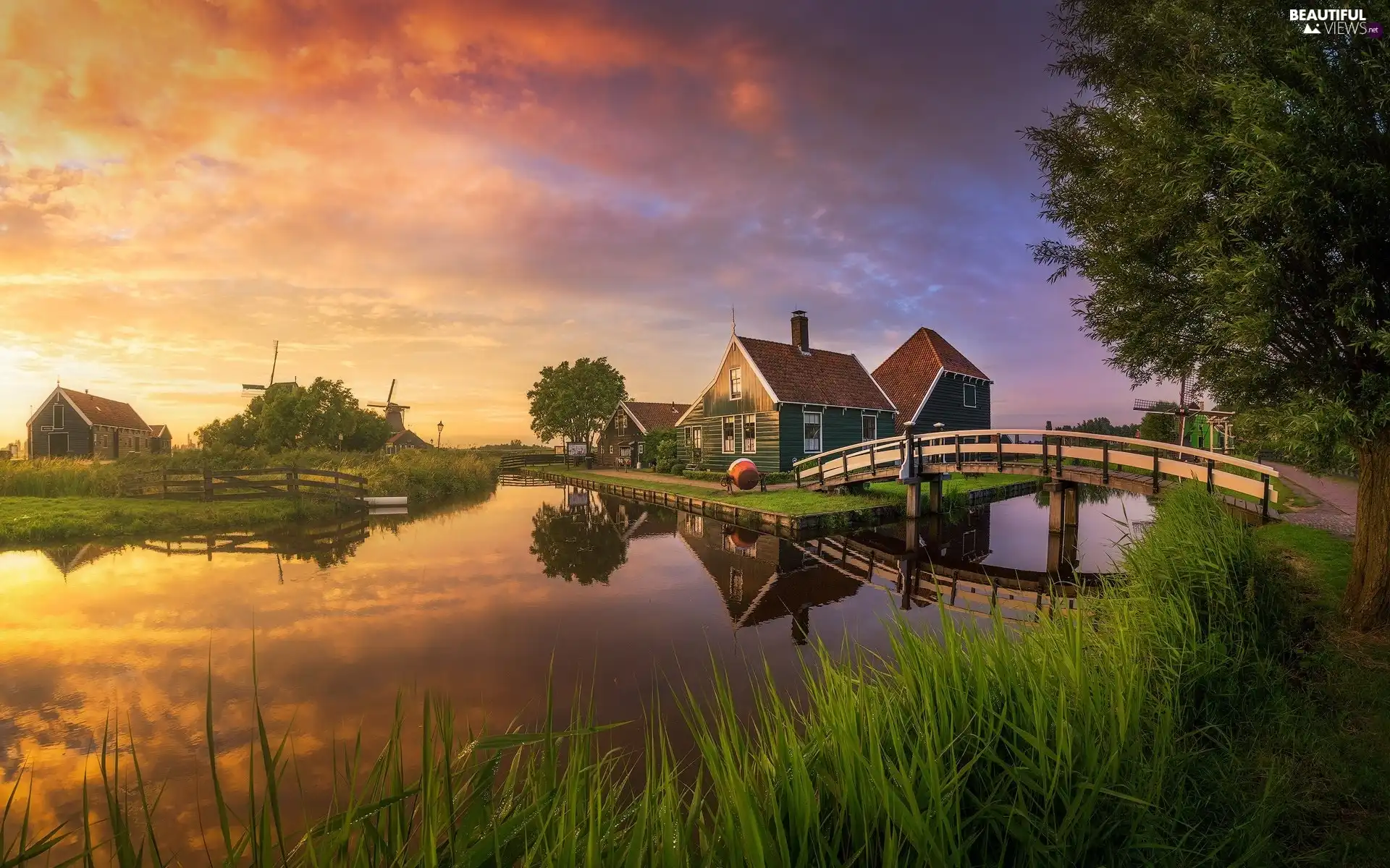 bridge, Zaanse Schans Open Air Museum, Houses, country, Netherlands, Windmills, River