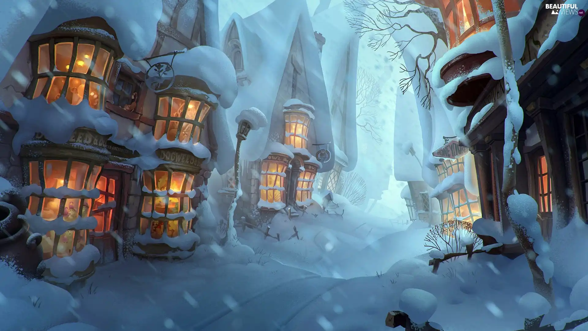 winter, Houses, Digital Art, snow