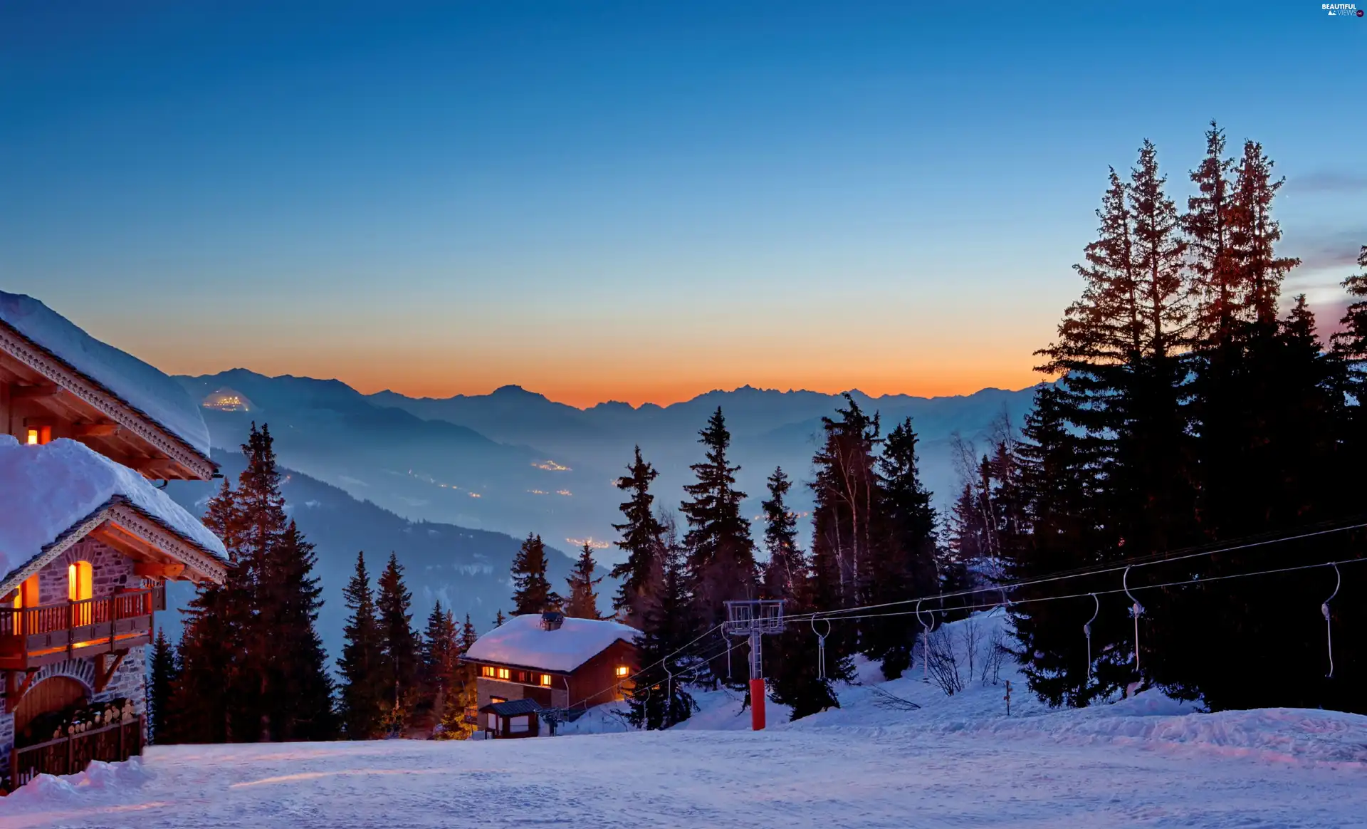 Houses, Dusk, Mountains, illuminated, winter