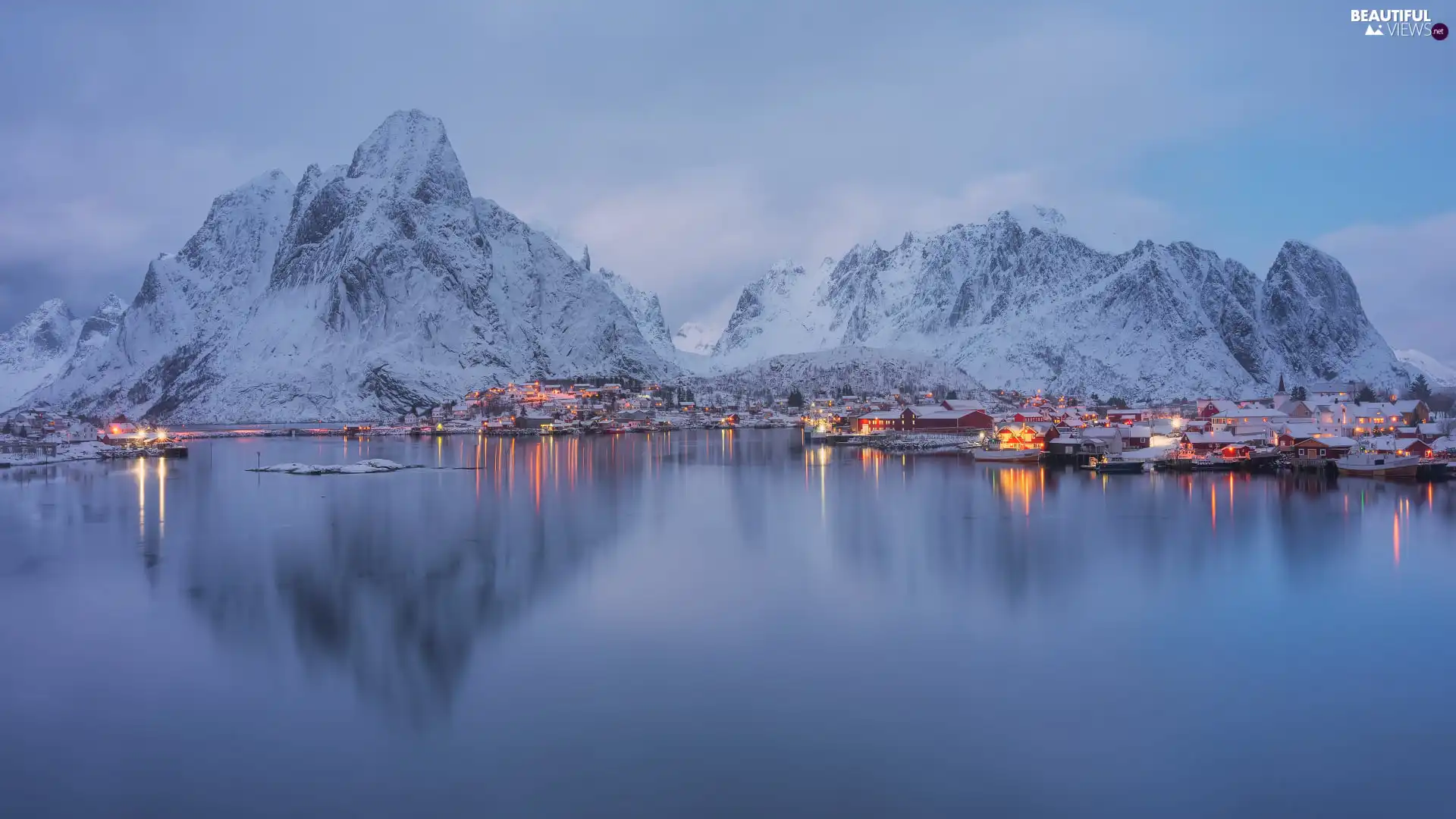 Lofoten, Mountains, Fog, Reine, winter, sea, Norway, Houses