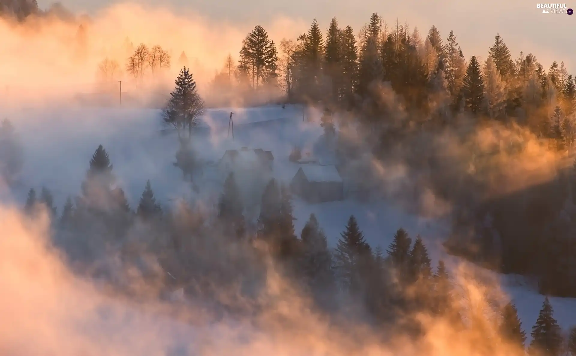 Mountains, winter, viewes, Houses, trees, Fog