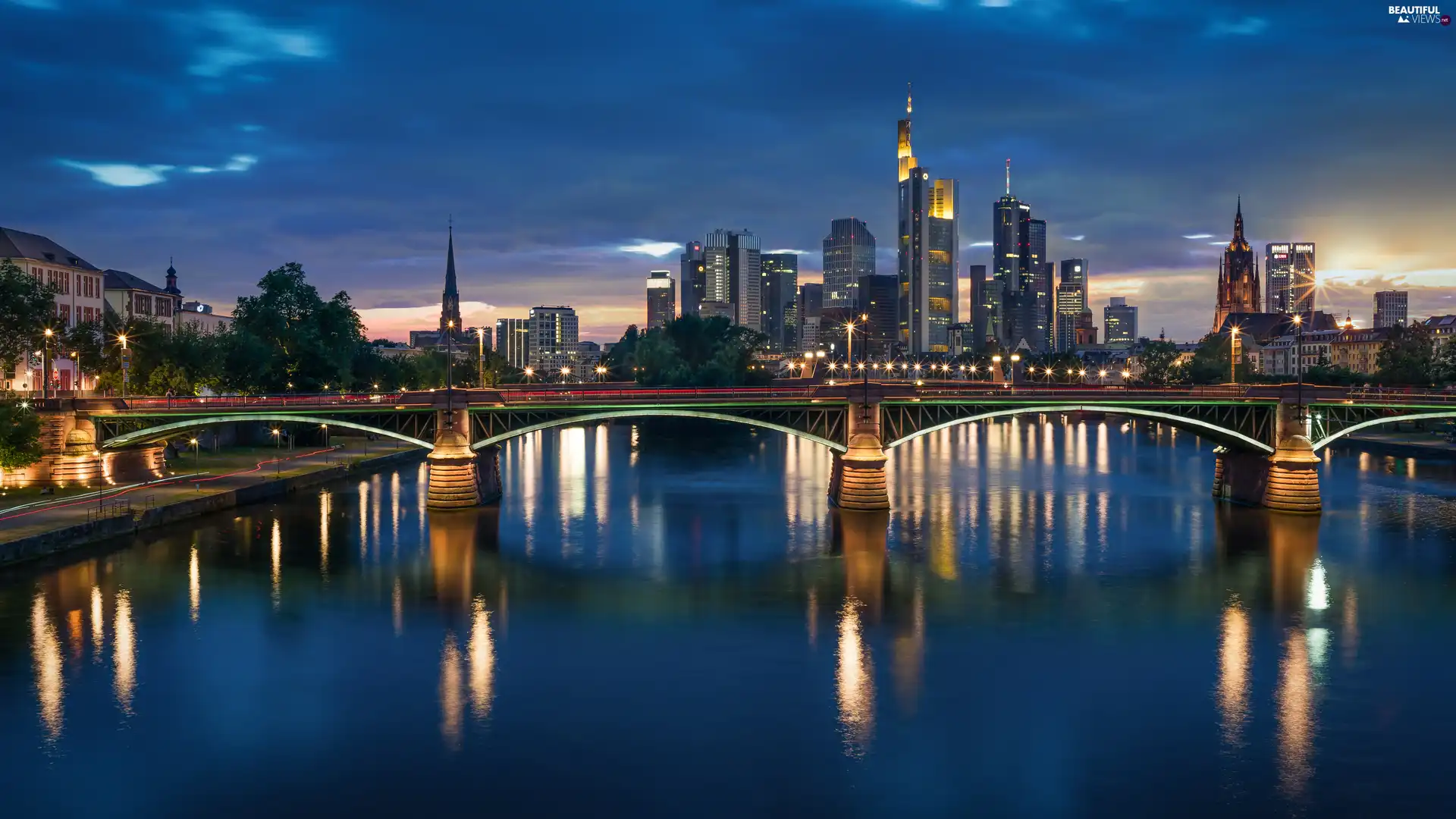 River, bridge, Germany, Houses, Frankfurt am Main