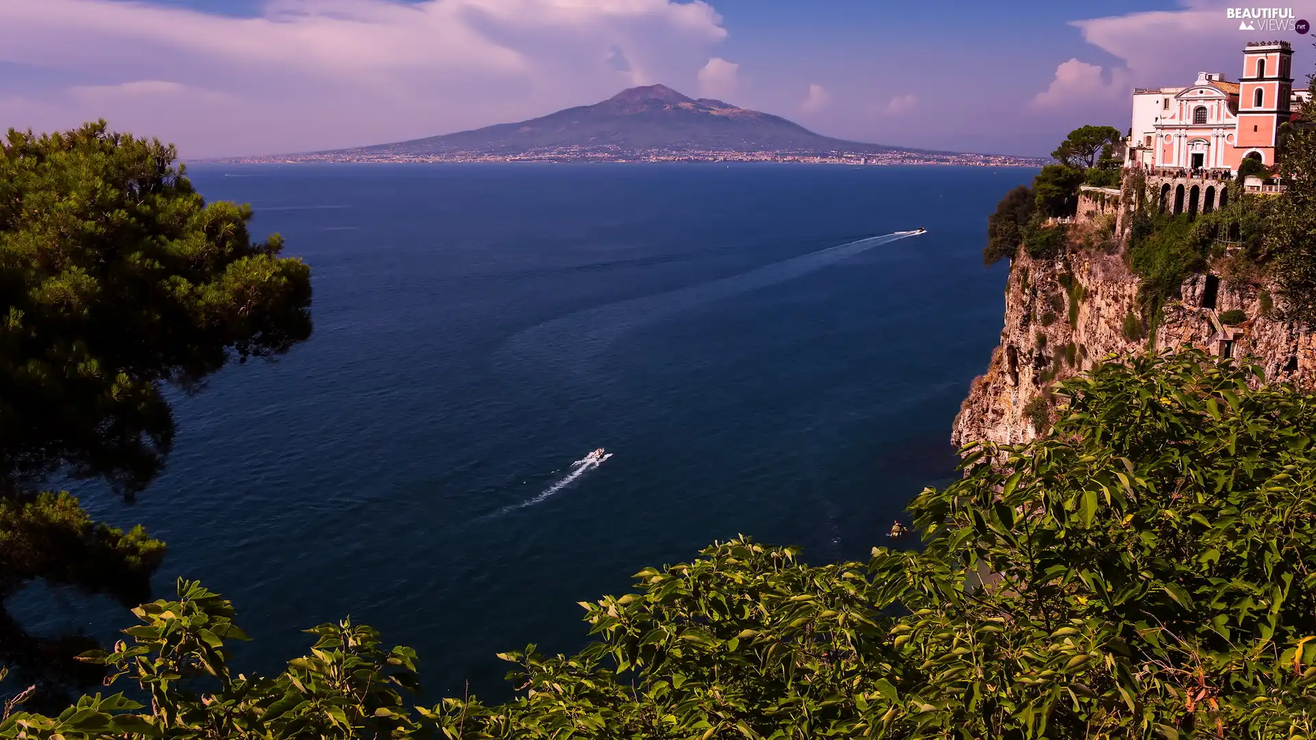 mountains, sea, Plants, Houses, Rocks, motorboat