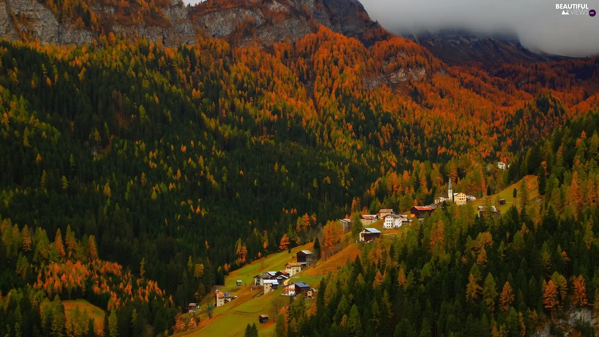 Valley, Houses, Mountains, forest, autumn