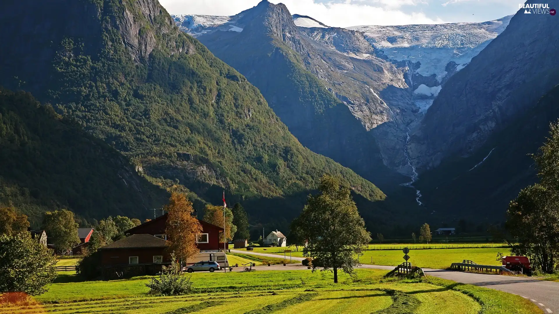 Mountains, green, Houses, Way