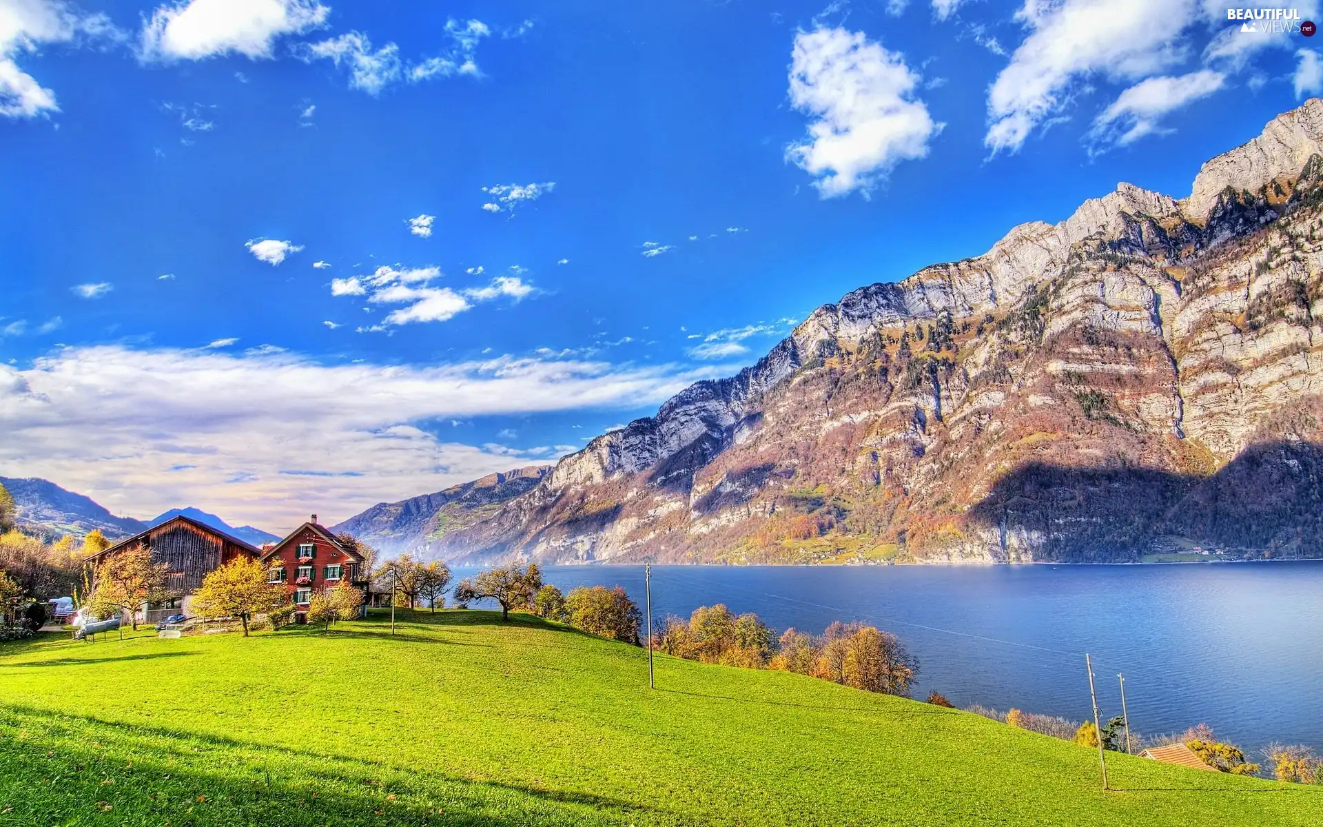 Mountains, lake, Houses, Sky