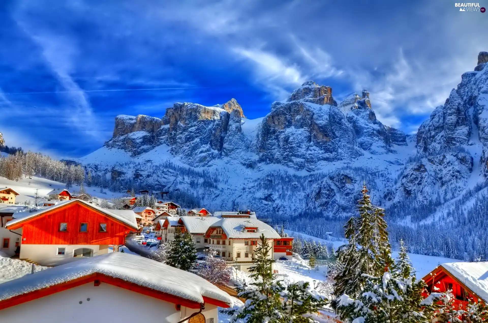 Houses, winter, Mountains