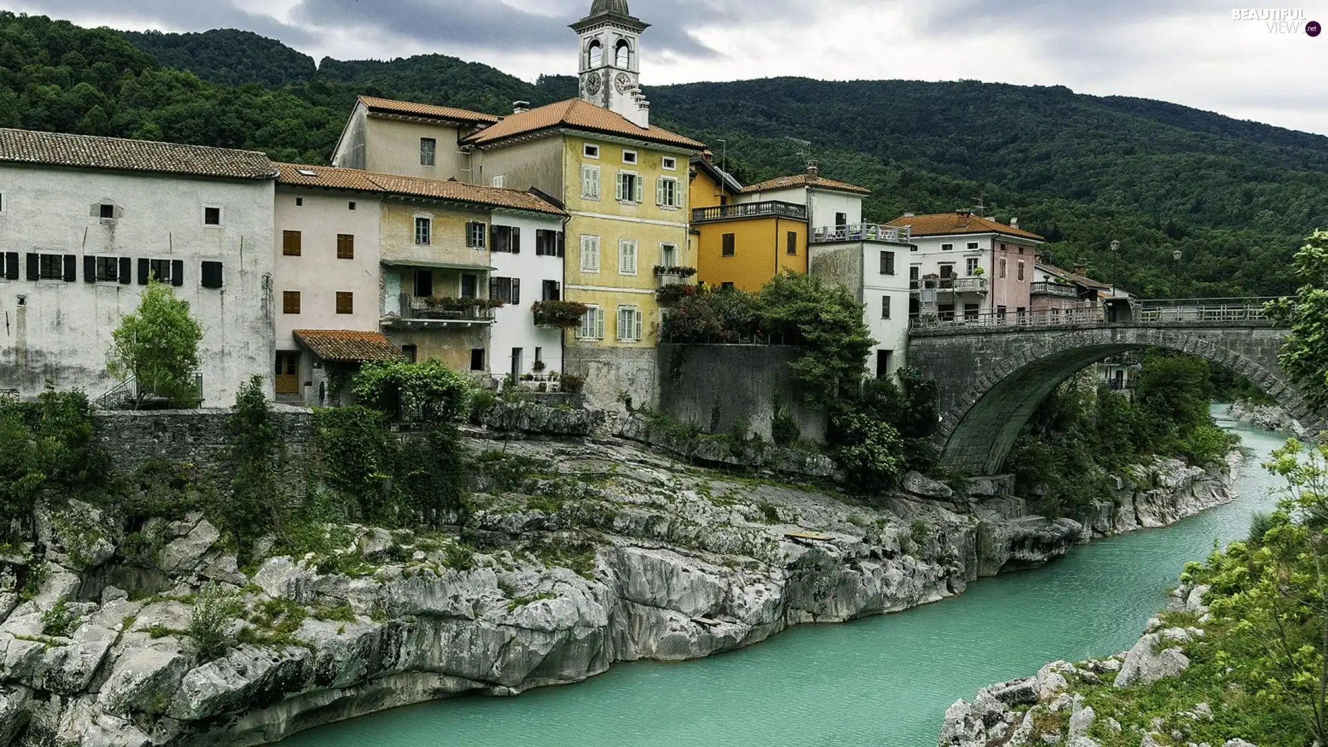 Houses, River, Slovenia, bridge, Triglav
