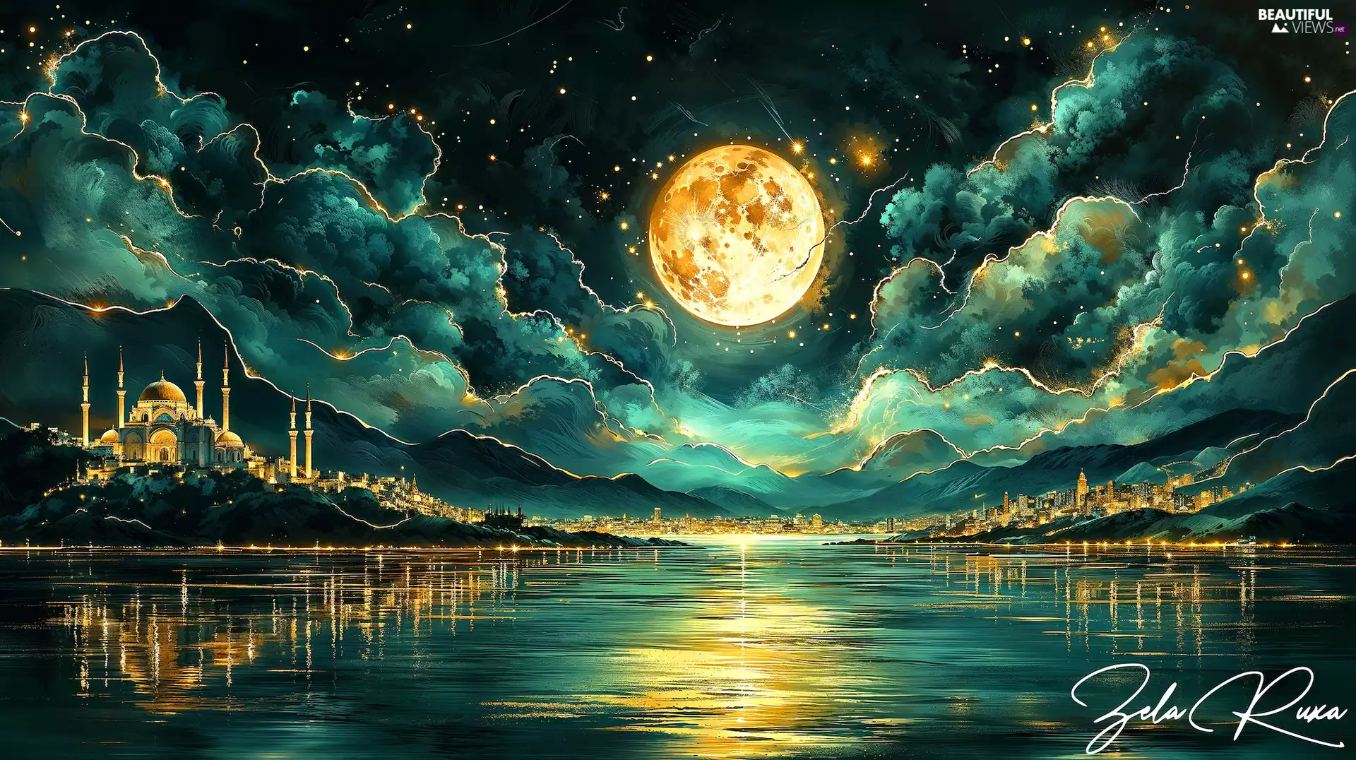 moon, graphics, River, Houses, clouds, Sky