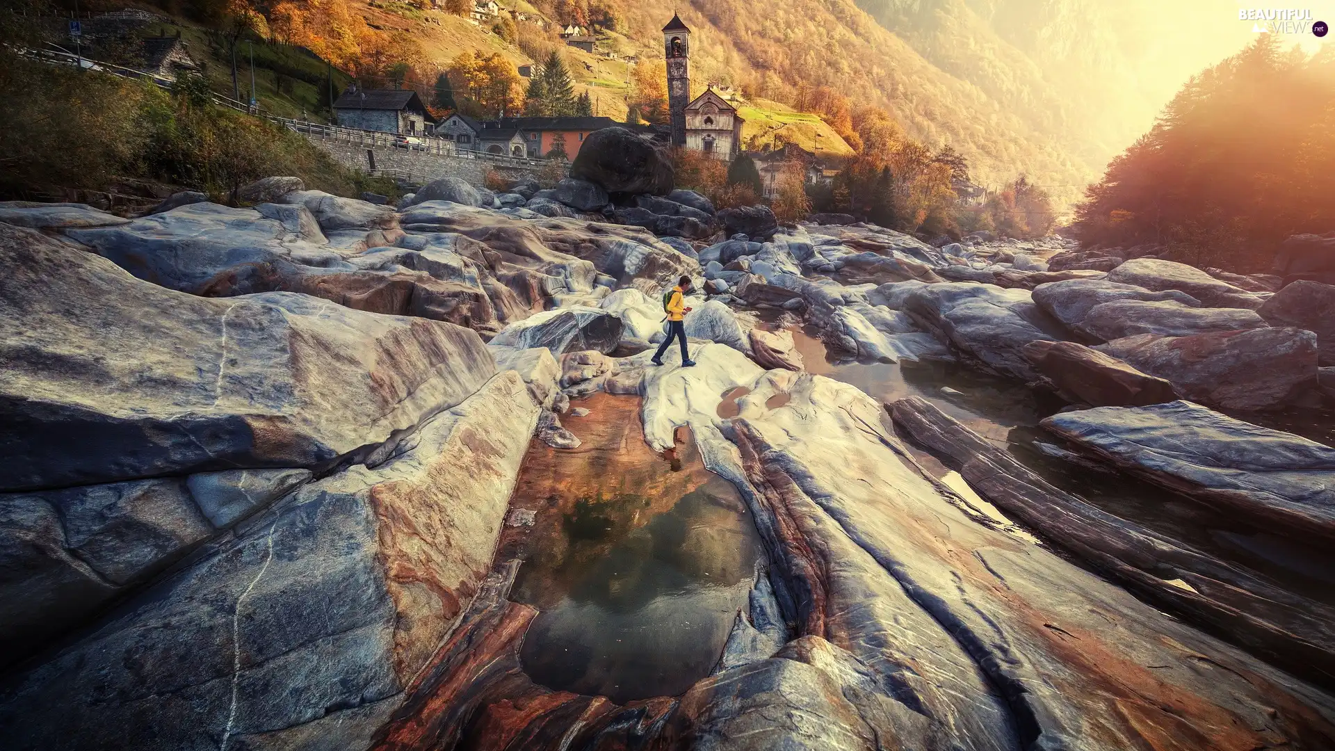 rocks, Church, a man, River, viewes, Houses, The Hills, trees, Stones