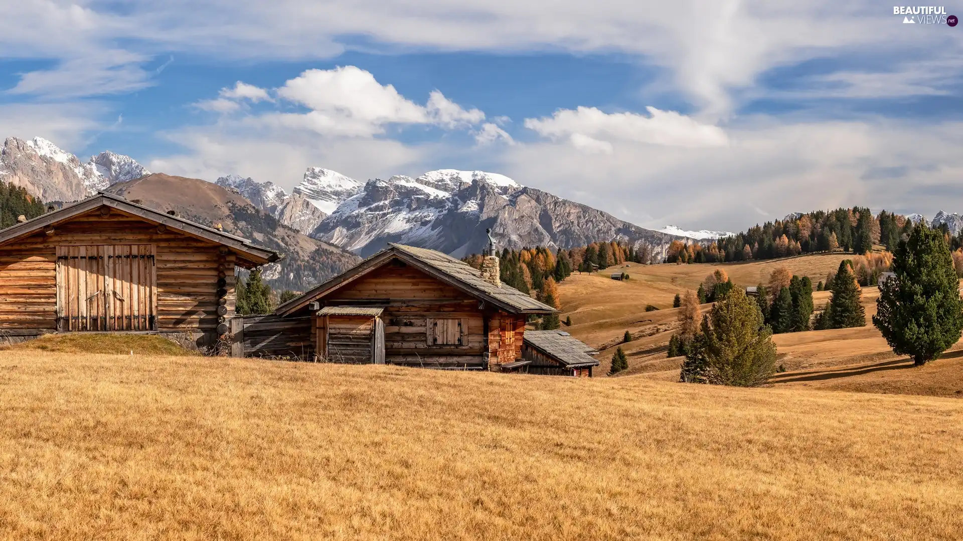 Dolomites, Seiser Alm Meadow, wood, The Hills, trees, Italy, clouds, Sassolungo Mountains, Val Gardena Valley, viewes, Houses