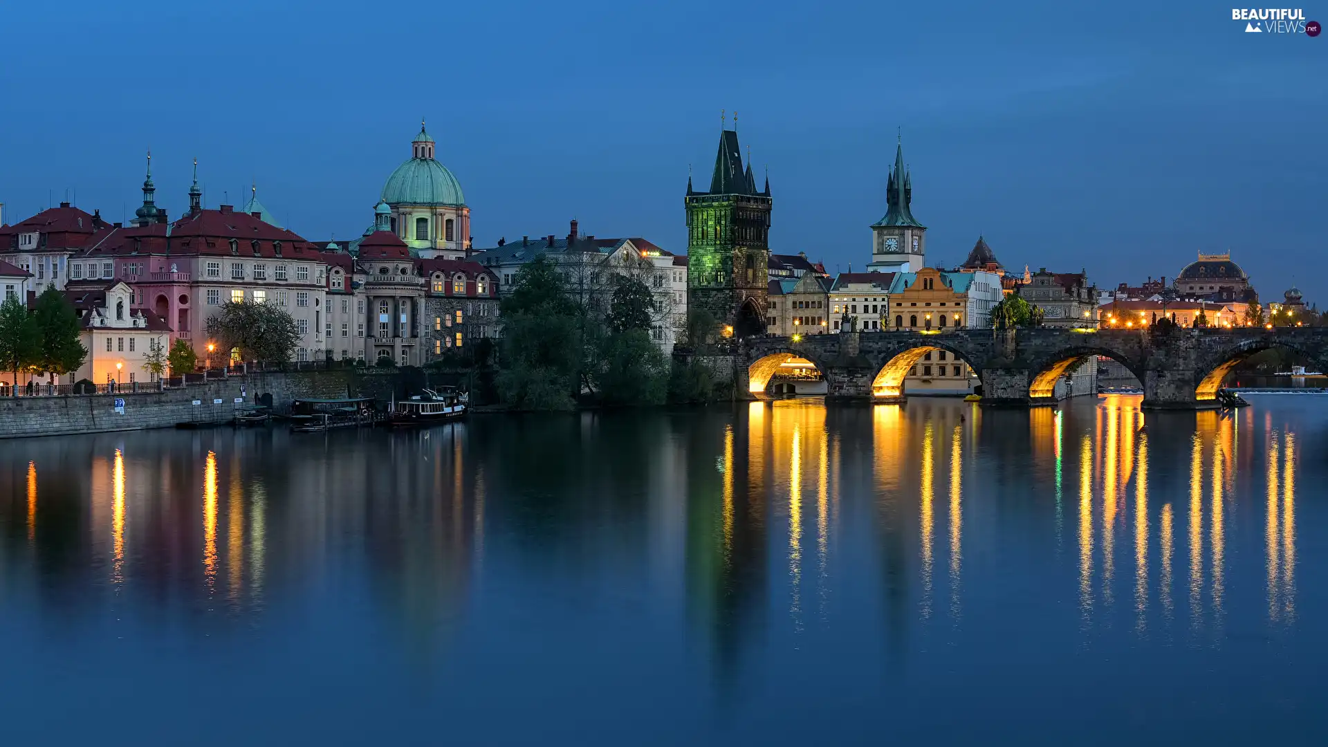Houses, Czech Republic, Charles Bridge, evening, Vltava River, Prague