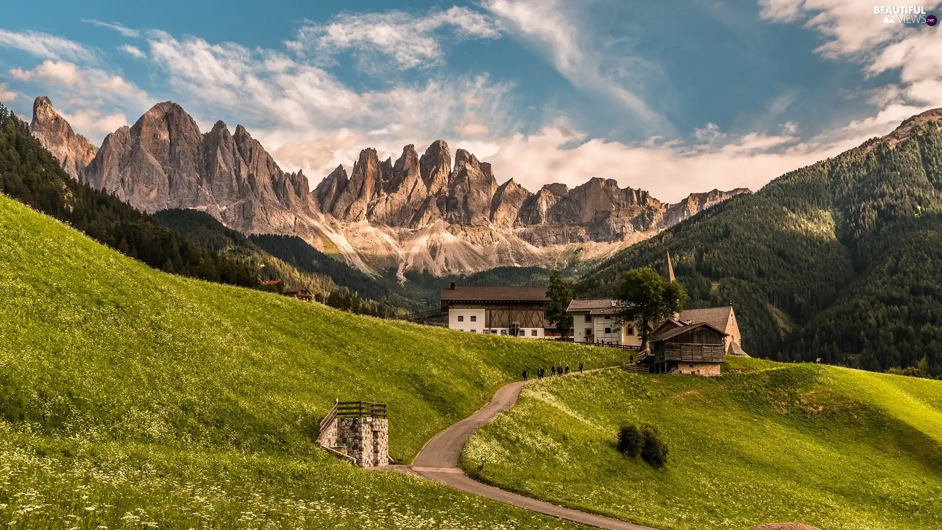 Houses, Mountains, forest, Meadow, trees, Italy, Dolomites, clouds, Way, viewes