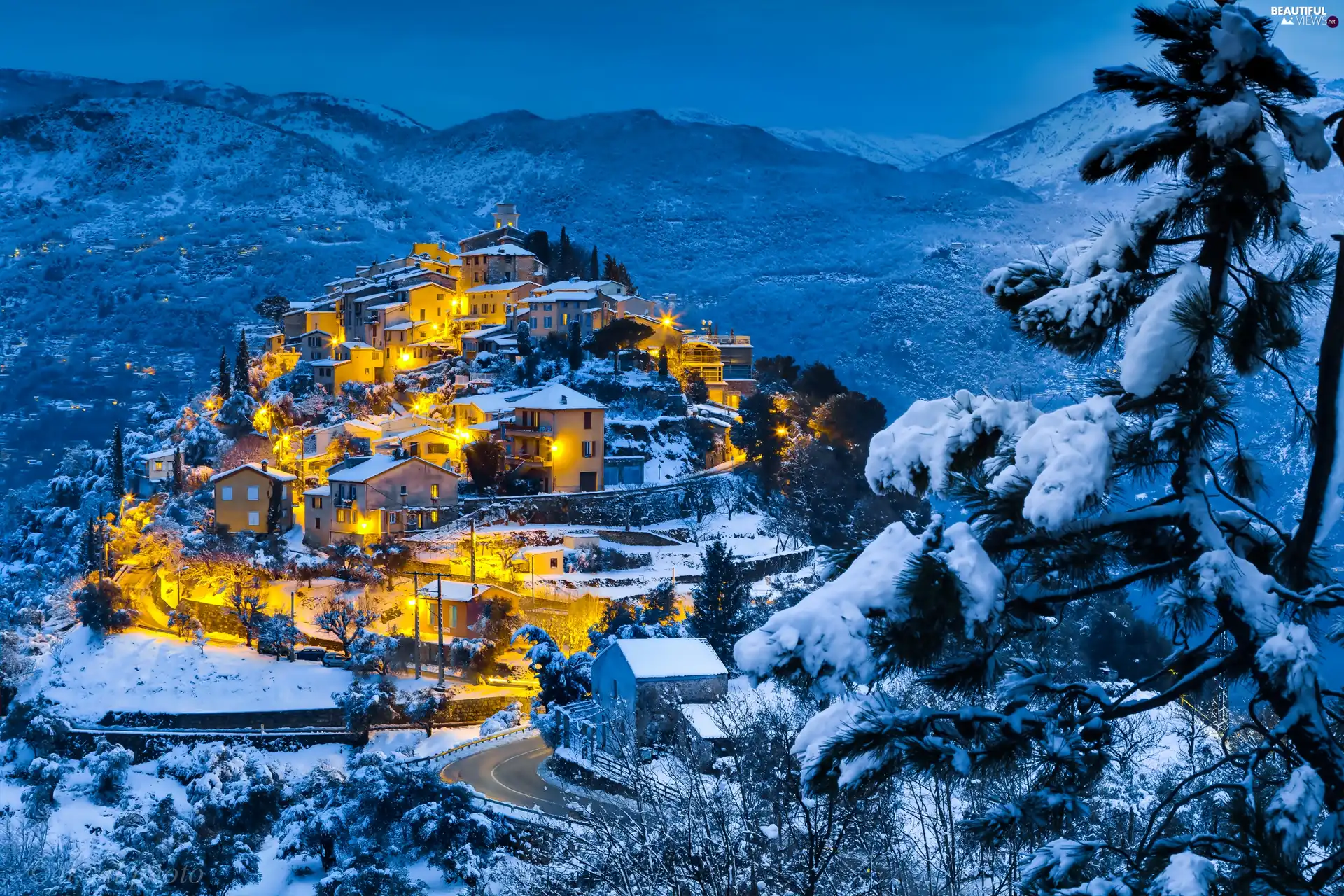 winter, Houses, light, country, twilight, forest, Mountains, evening