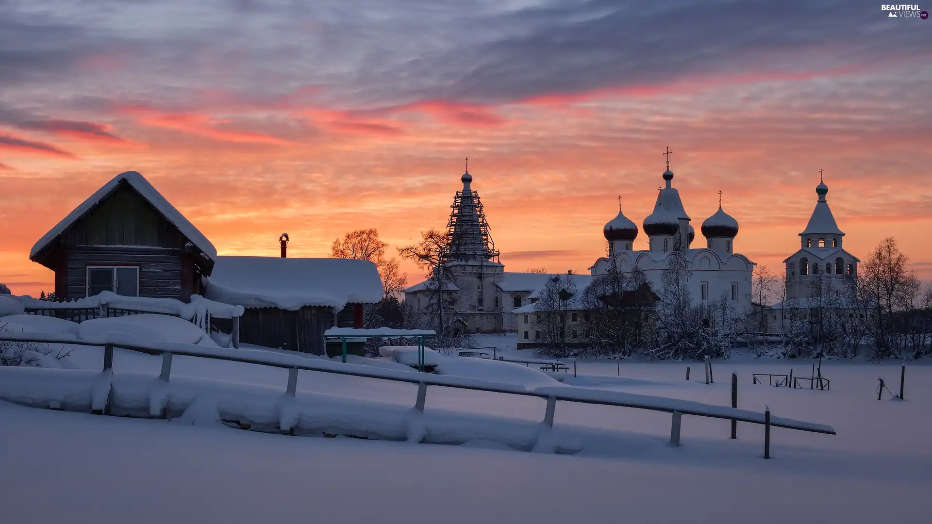 winter, Cerkiew, fence, Houses