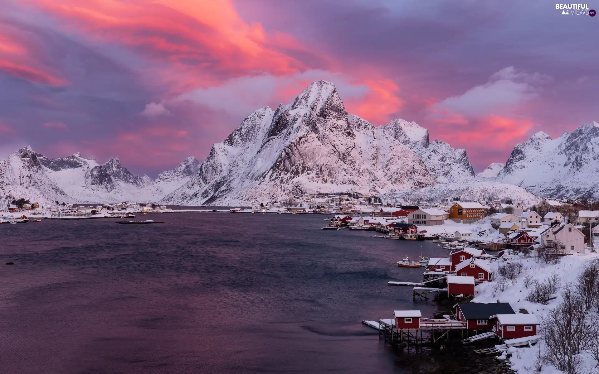 Lofoten, sea, winter, Mountains, Snowy, Reine, Norway, Houses