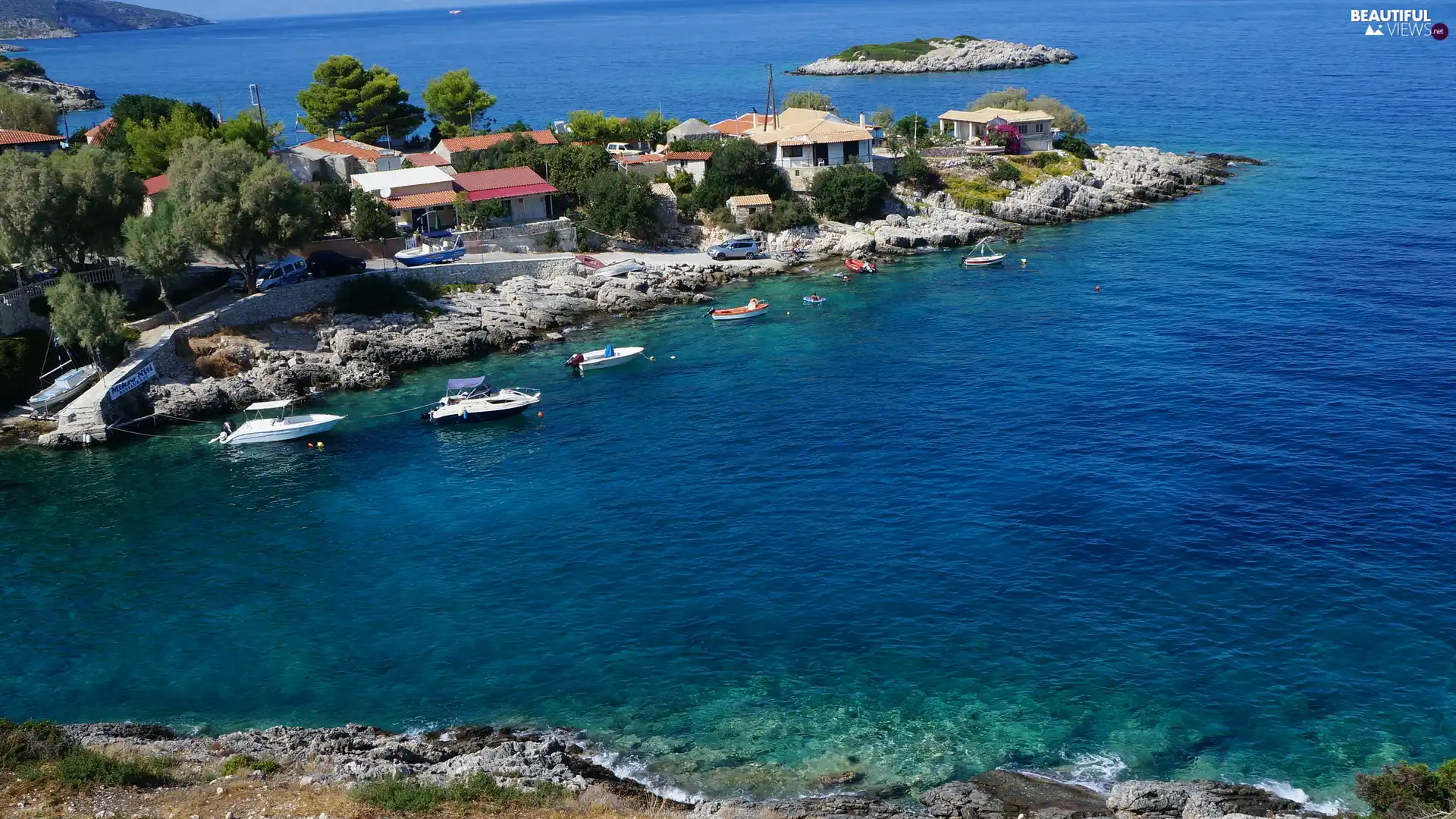 rocks, creek, Zakynthos, Houses, sea, motorboat, Greece