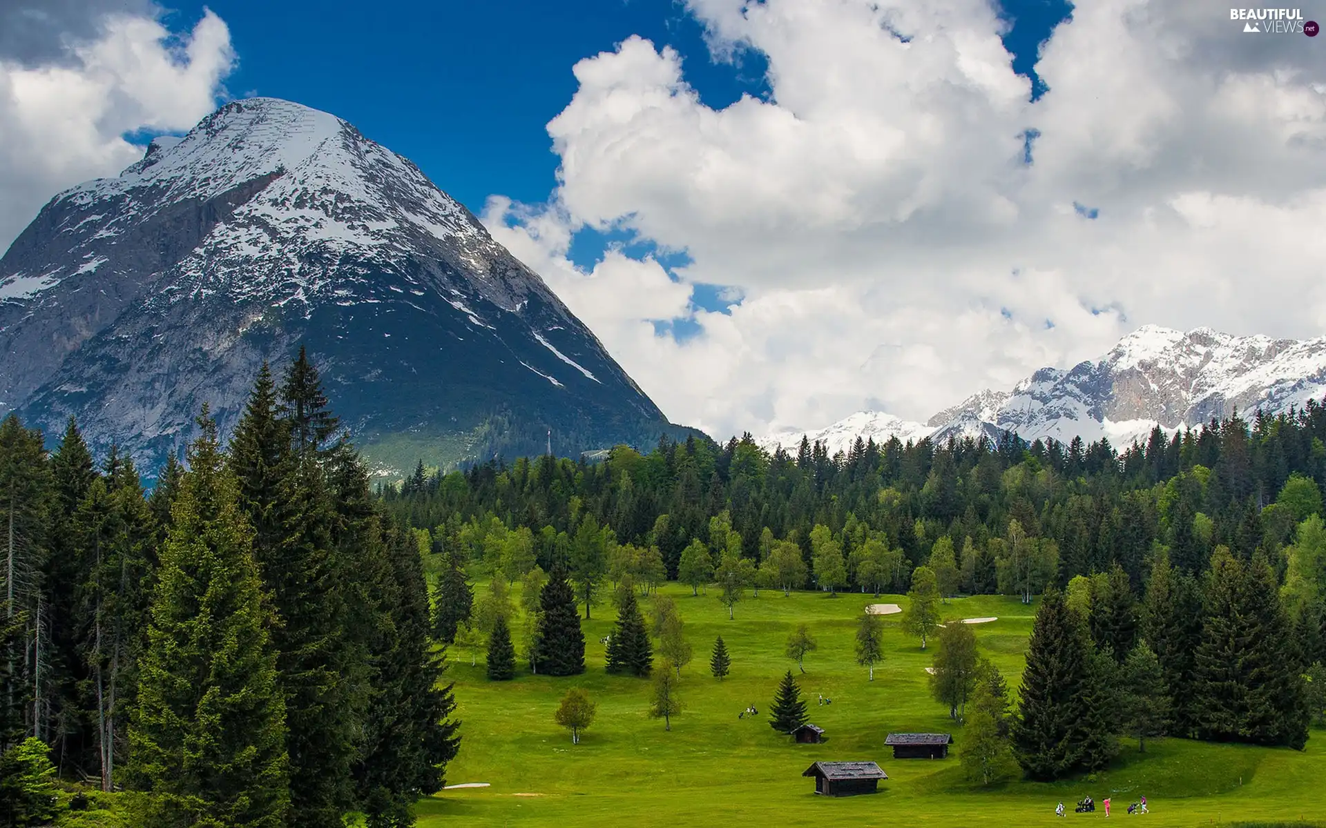 Mountains, Meadow, huts, forest