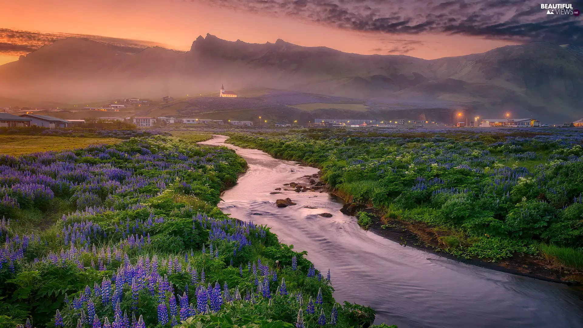 River, Mountains, iceland, Church, Myrdalshreppur Municipality, lupine, Meadow, Vík í Mýrdal Village